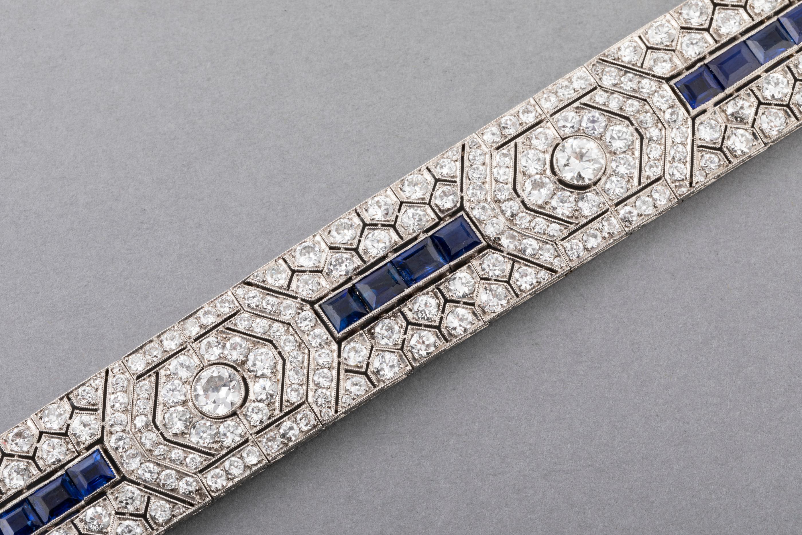 Women's 18 Carat Diamonds and 5 Carat Sapphires French Art Deco Bracelet