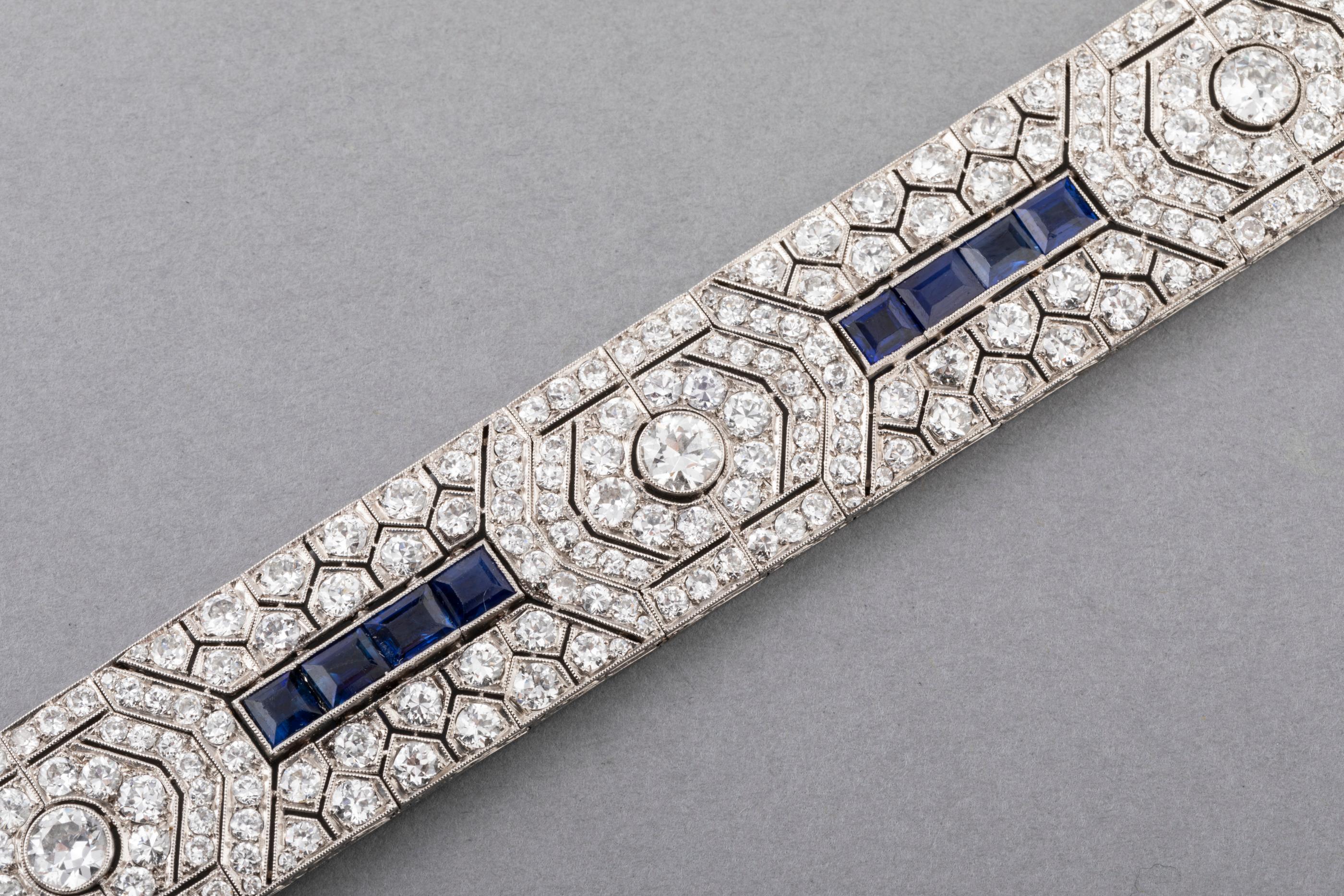 18 Carat Diamonds and 5 Carat Sapphires French Art Deco Bracelet 1