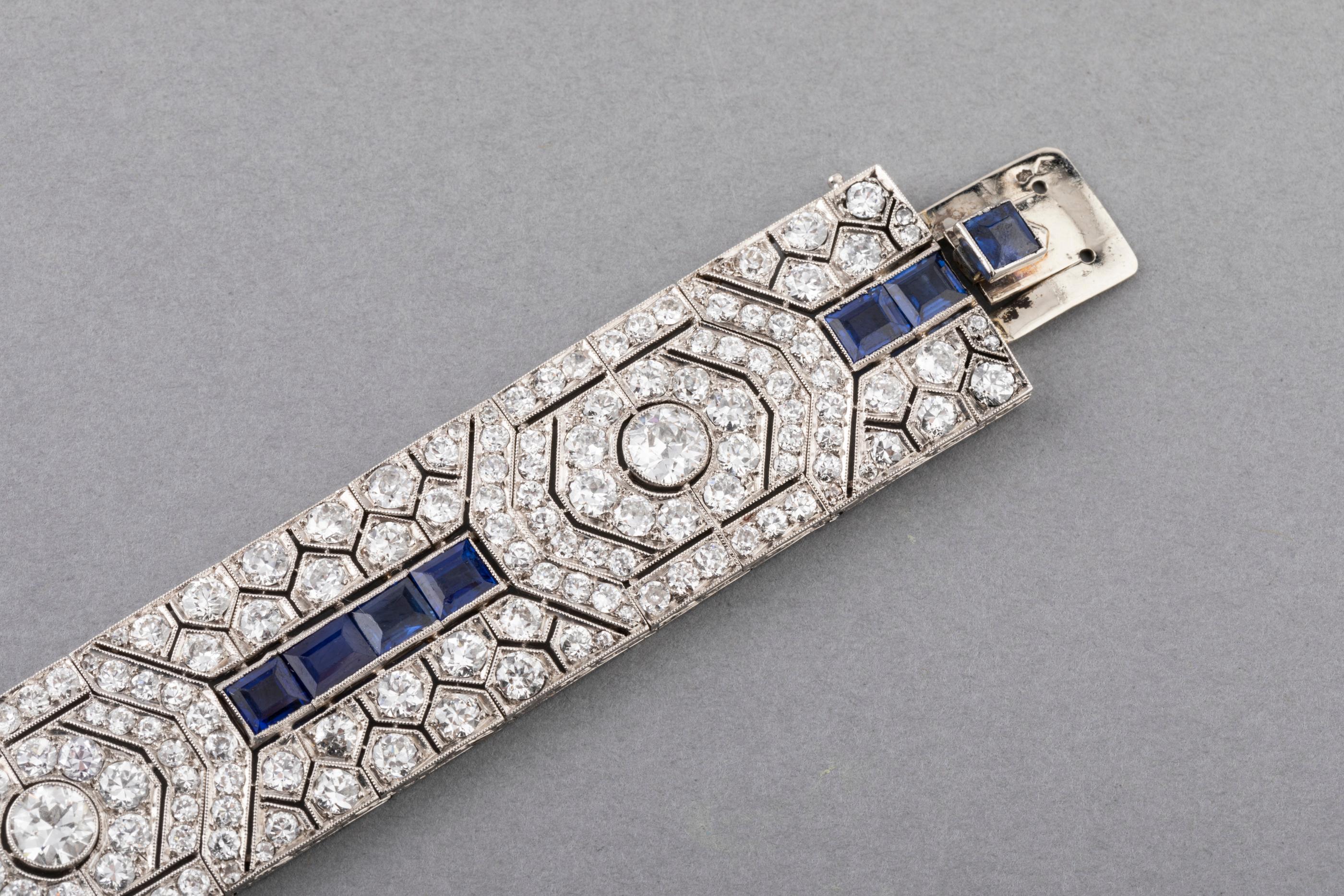 18 Carat Diamonds and 5 Carat Sapphires French Art Deco Bracelet 2