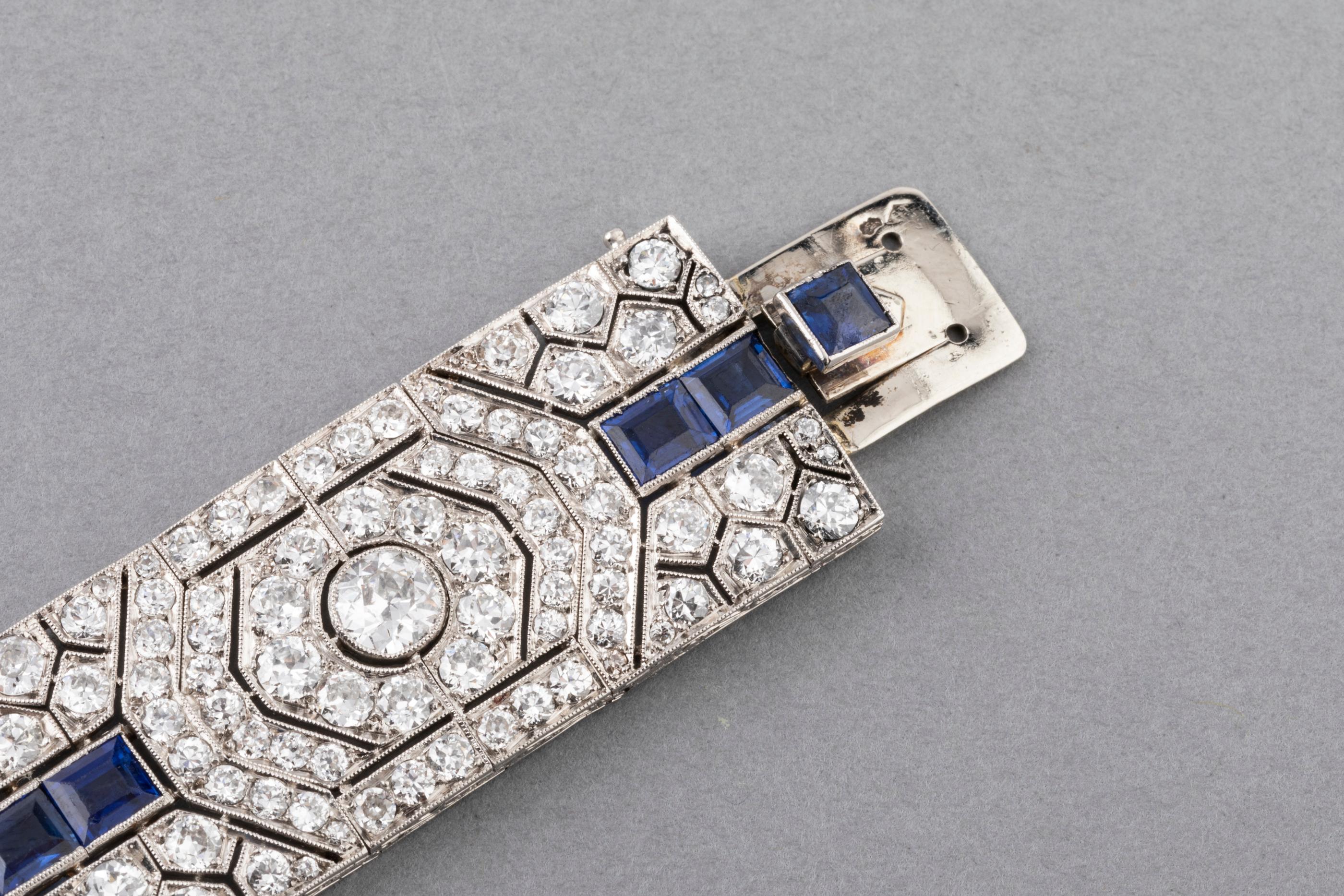 18 Carat Diamonds and 5 Carat Sapphires French Art Deco Bracelet 3