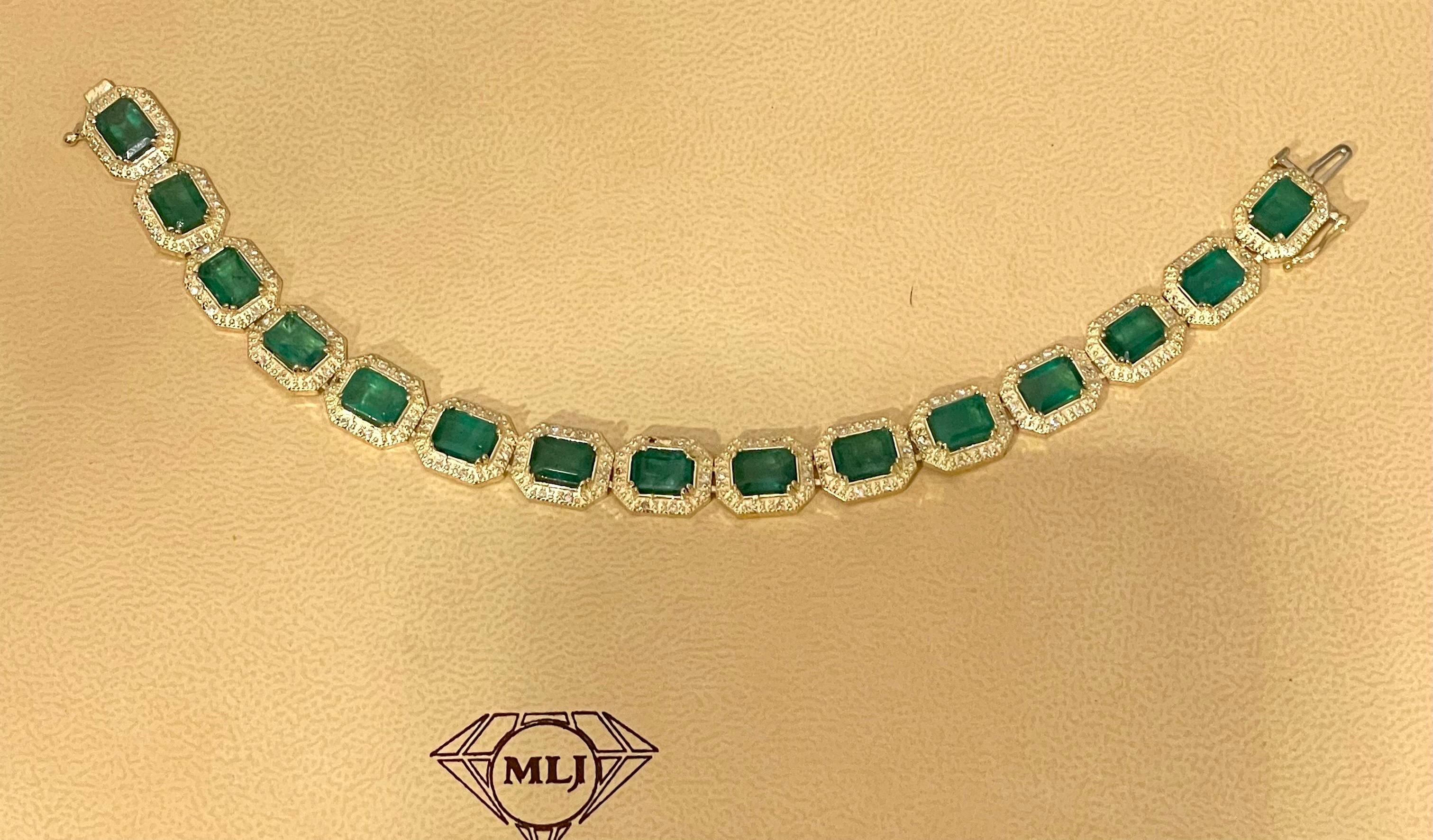 18 Carat Emerald Cut Emerald and Diamond Tennis Bracelet 14 Karat Yellow Gold For Sale 7