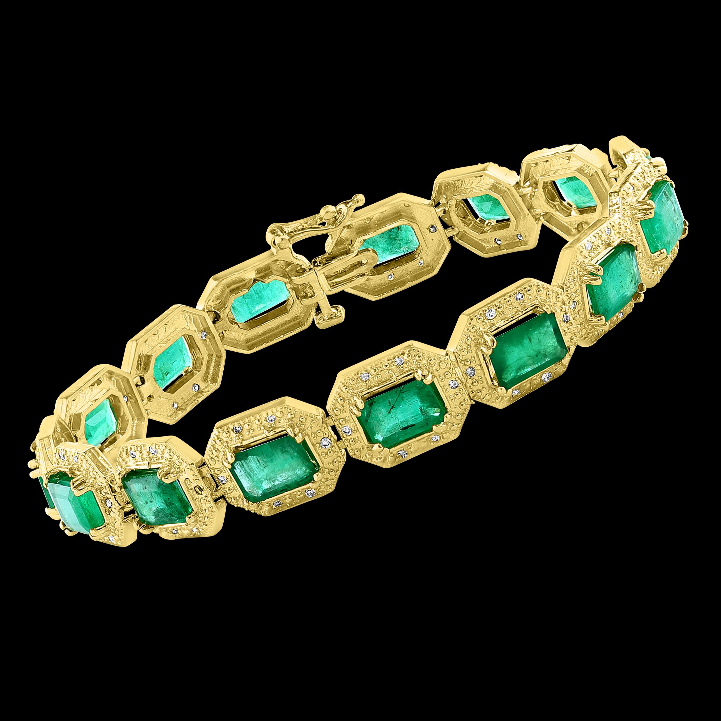 Approximately 18 Carat Emerald cut Emeralds & Diamond Tennis Bracelet 14 Karat Yellow Gold 7 & 1/2 Inches
This exceptionally affordable Tennis bracelet has 18 stones of Emerald cut shape natural emeralds
Emeralds are Brazilian and quality is Very