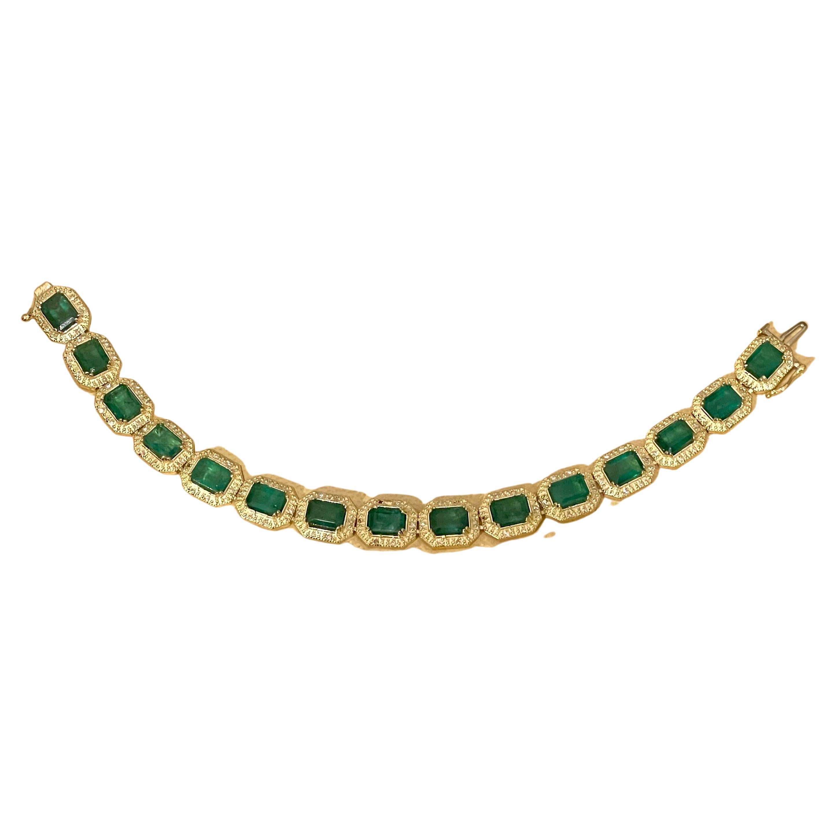 Women's 18 Carat Emerald Cut Emerald and Diamond Tennis Bracelet 14 Karat Yellow Gold For Sale