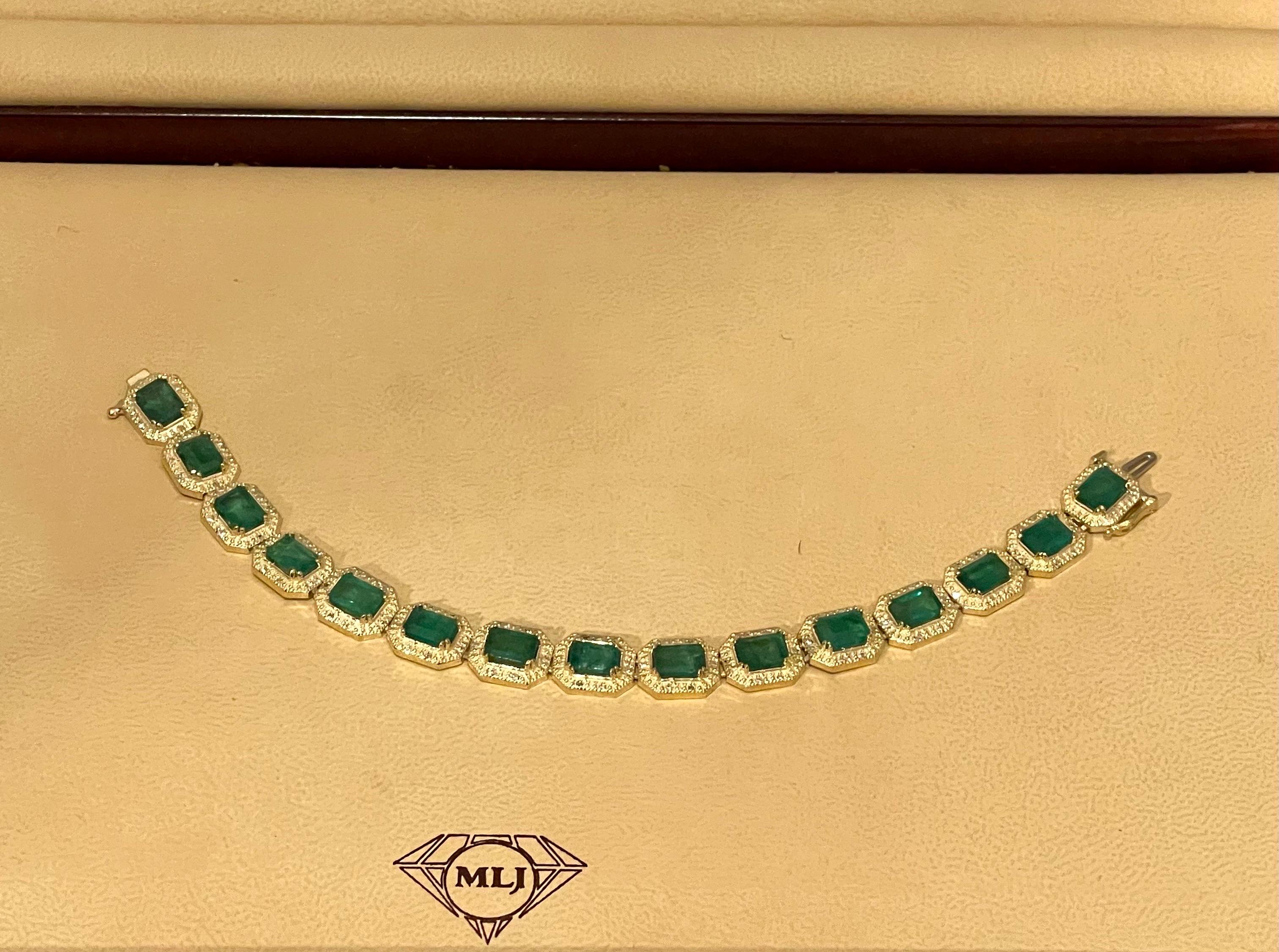 18 Carat Emerald Cut Emerald and Diamond Tennis Bracelet 14 Karat Yellow Gold For Sale 2