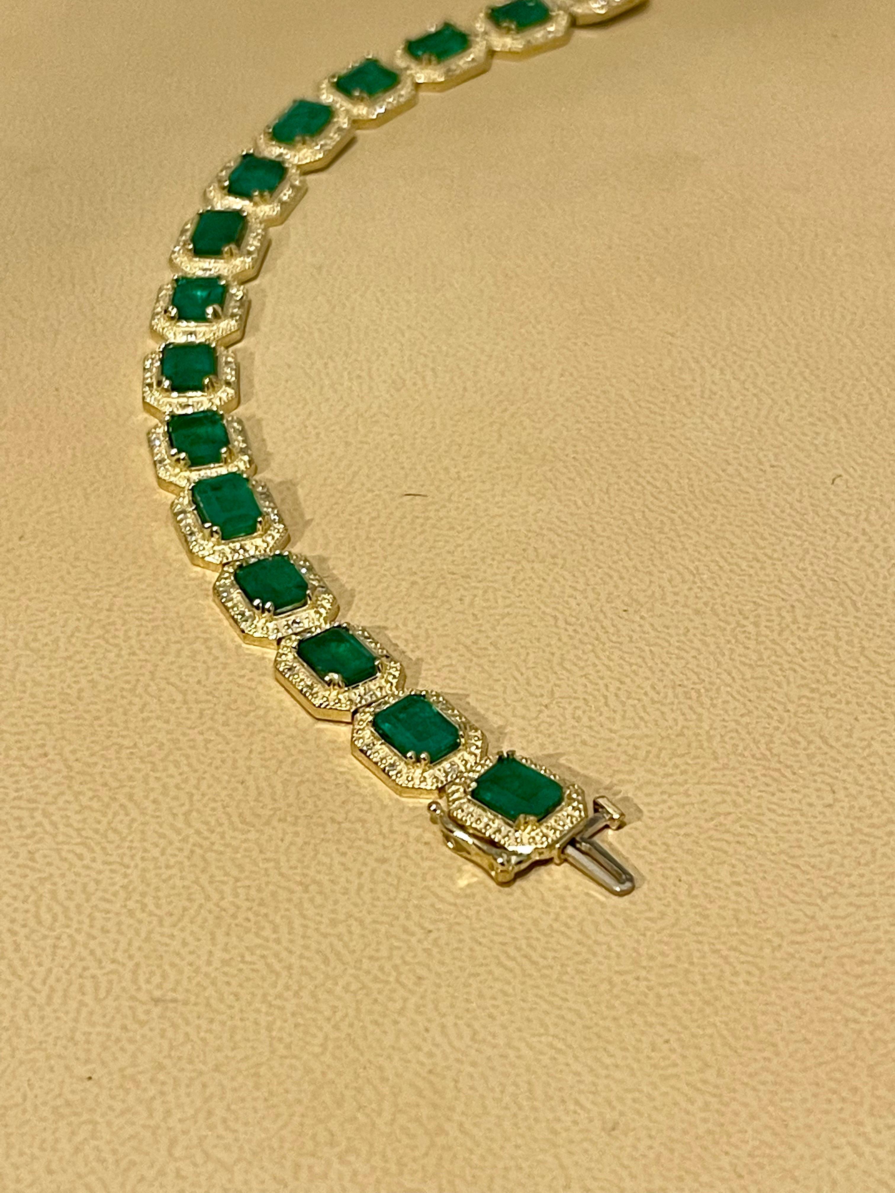 18 Carat Emerald Cut Emerald and Diamond Tennis Bracelet 14 Karat Yellow Gold For Sale 5