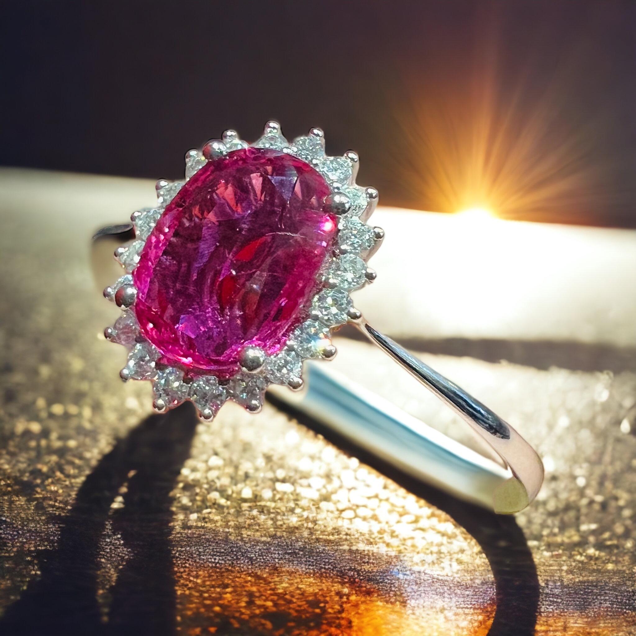 18 Carat Engagement Ring Set Pink Sapphire Surrounded by Diamonds For Sale 5