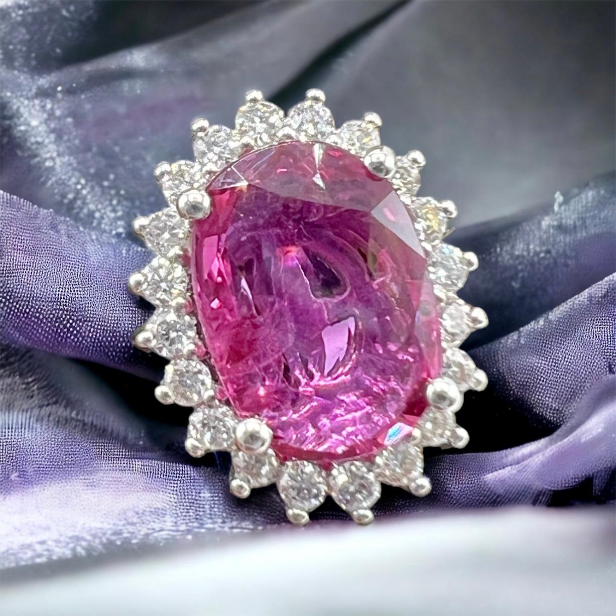 18 Carat Engagement Ring Set Pink Sapphire Surrounded by Diamonds For Sale 10