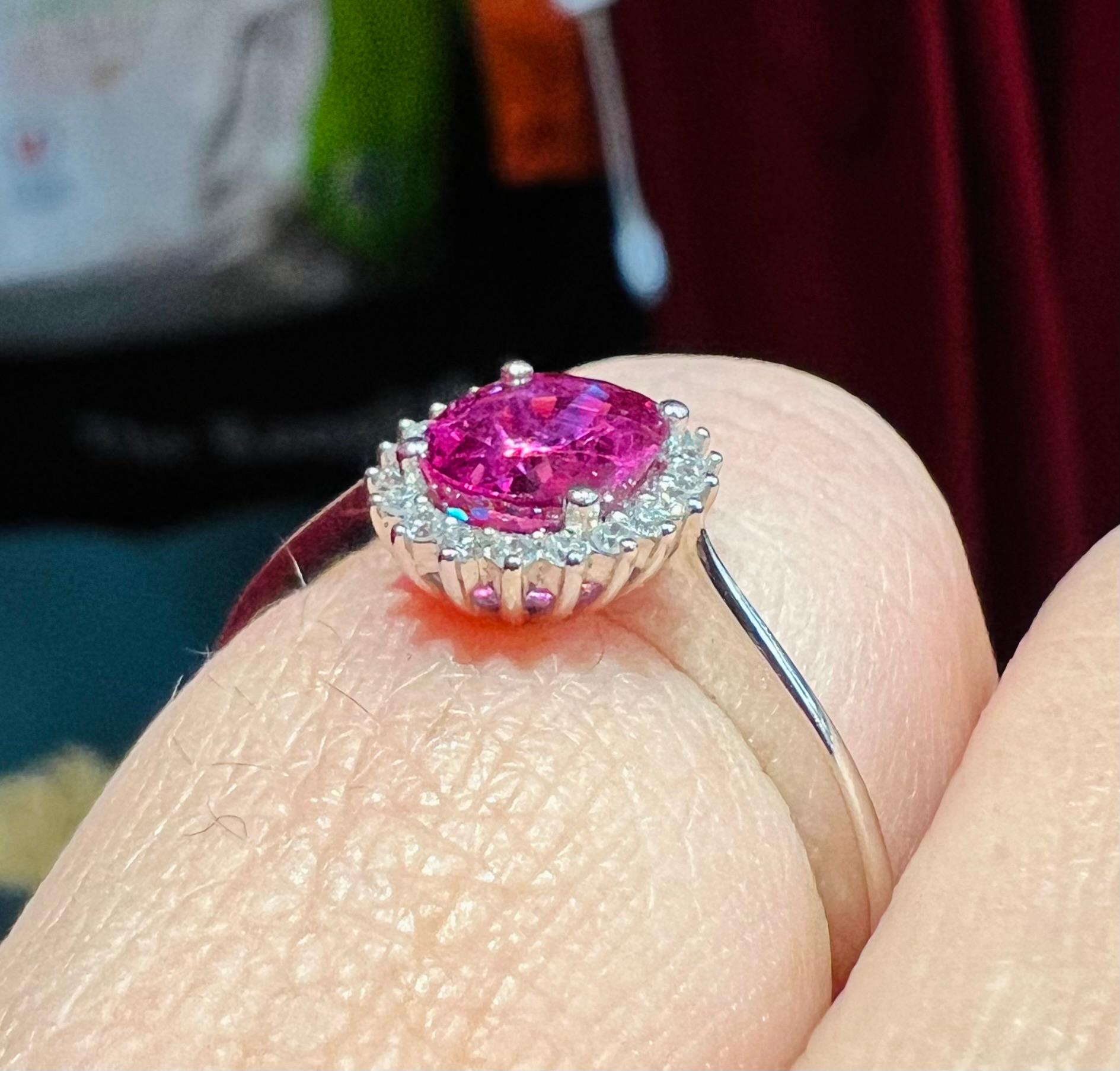 18 Carat Engagement Ring Set Pink Sapphire Surrounded by Diamonds For Sale 13