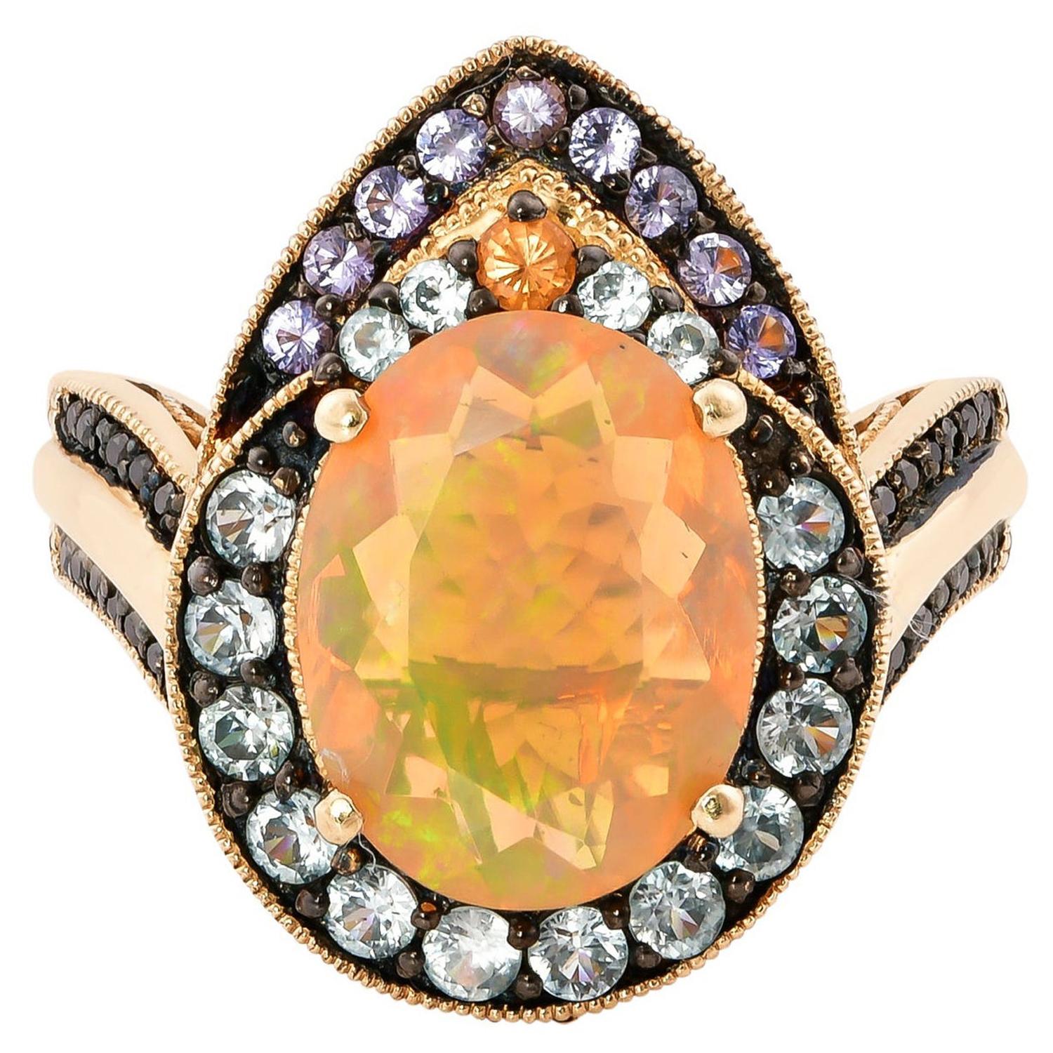 Bague en or jaune 14 carats avec diamants et opale d'Éthiopie de 1,8 carat