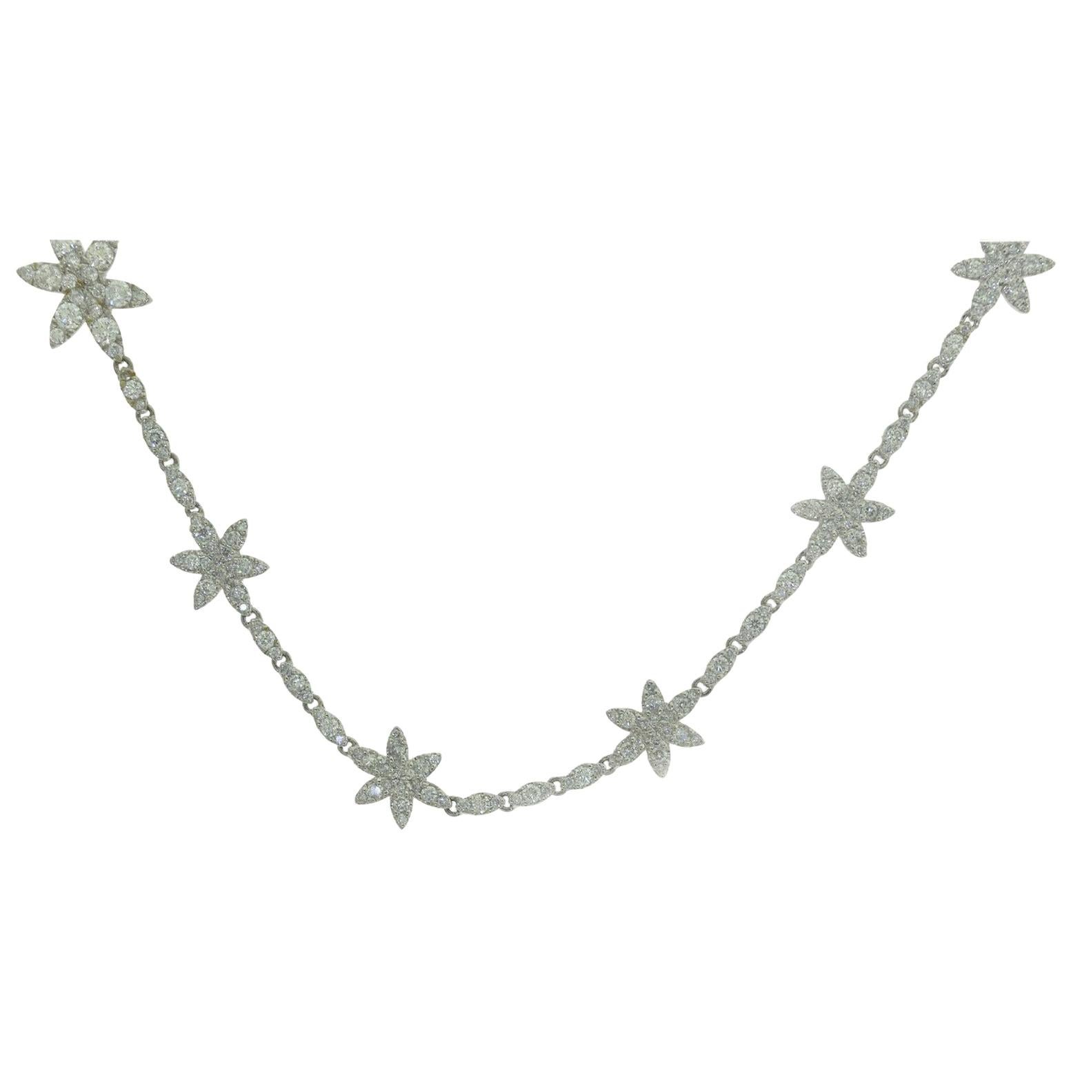 18 Carat Flower Diamond Paved White Gold Long Necklace