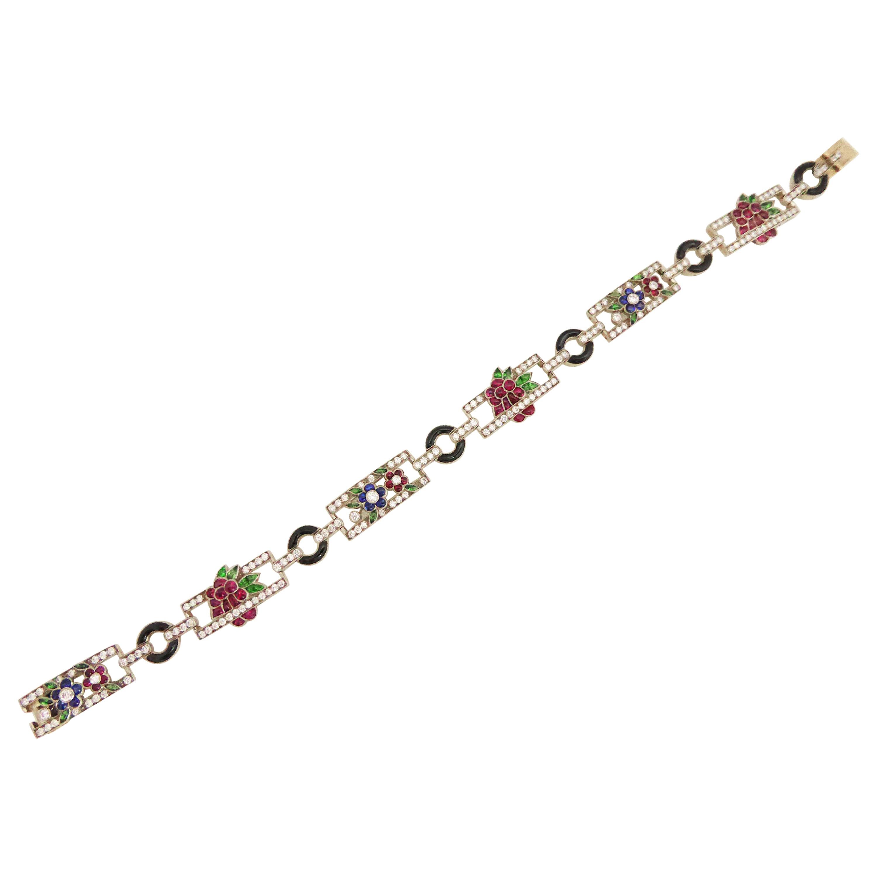 18 Carat G-VS Diamond Ruby Sapphire Onyx 18 Karat Gold Bangle Bracelet For Sale