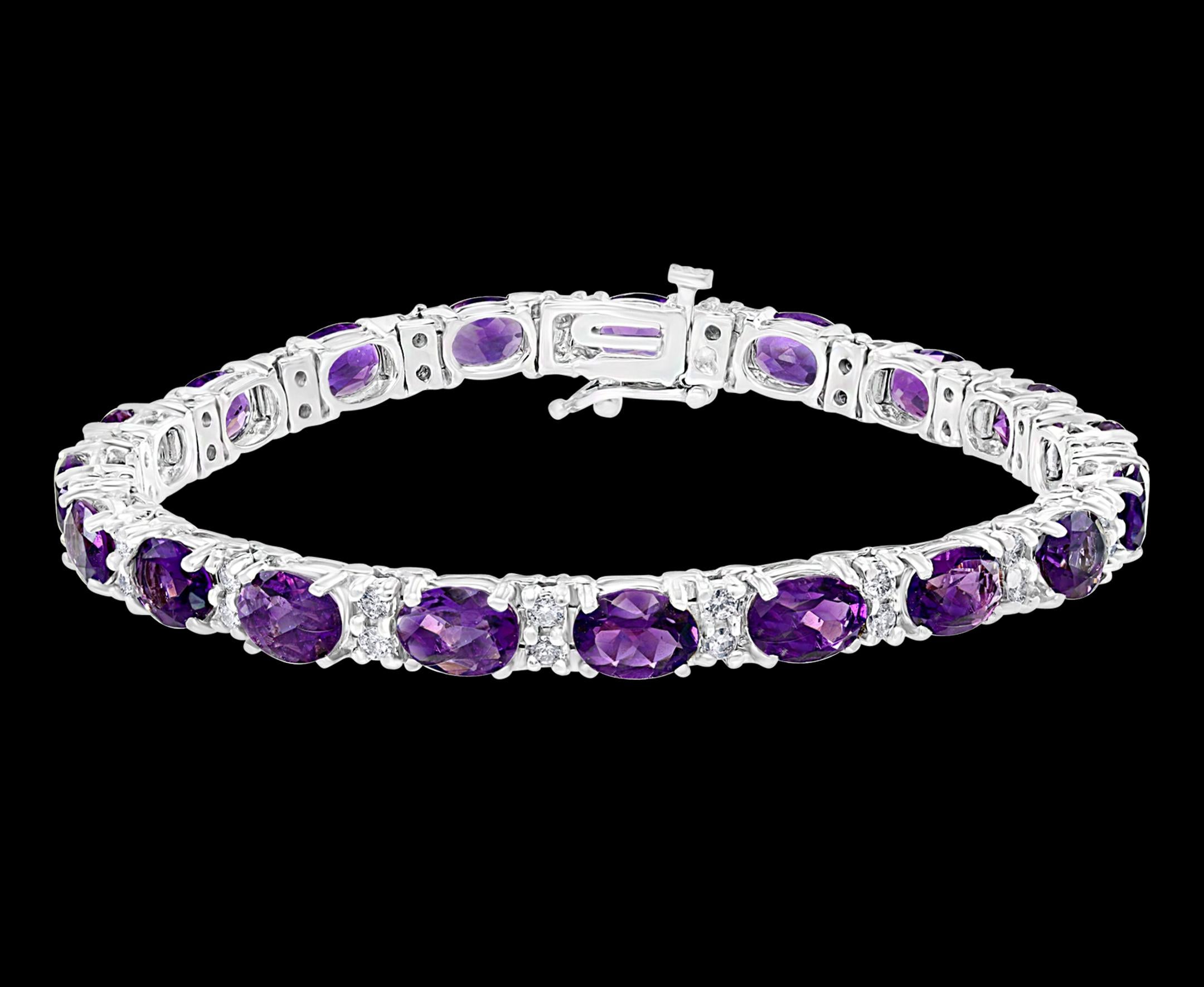  This exceptionally affordable Tennis  bracelet has  18 stones of oval shape Amethyst
Beautiful colors , very Vibrant
Size of the stone is approximately 7X5 mm
Each Amethyst is spaced by two brilliant round Diamonds.
Total weight of the Diamond is