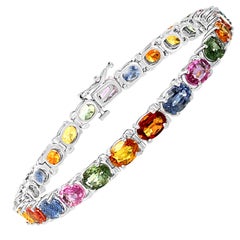 18 Carat Genuine Natural Multi Sapphires Tennis Bracelet 14 Karat White Gold
