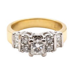 18 Carat Gold 0.84 Carat Princess Cut and Round Diamond Vintage Engagement Ring