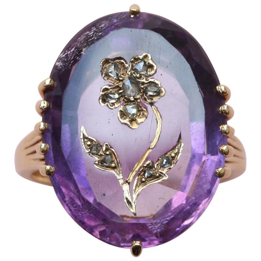 18 Carat Gold Amethyst and Rose Cut Diamond Flower Ring