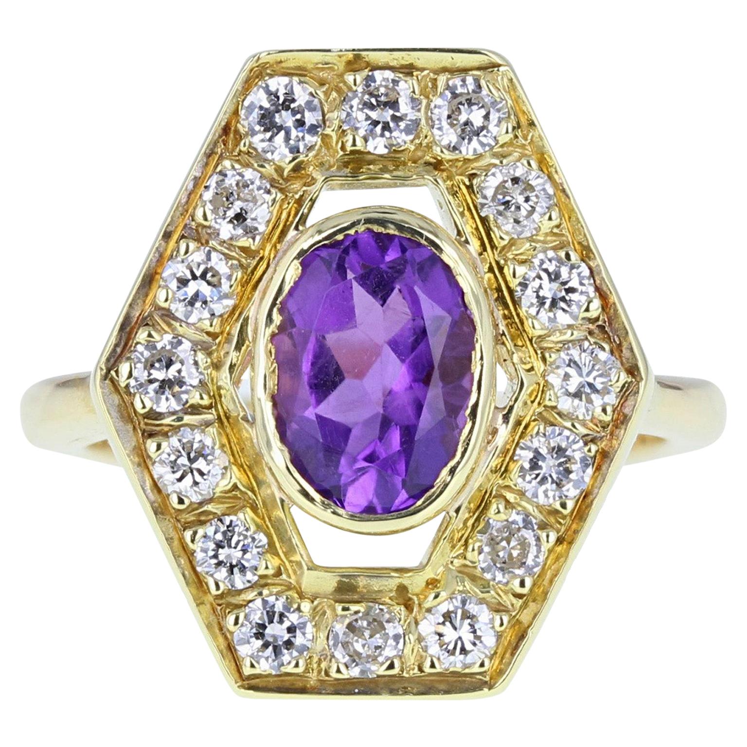 18 Carat Gold Amethyst Diamond Fancy Cluster Cocktail Ring For Sale