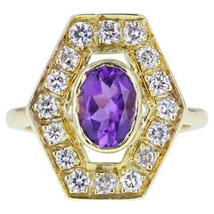 18 Carat Gold Amethyst Diamond Fancy Cluster Cocktail Ring