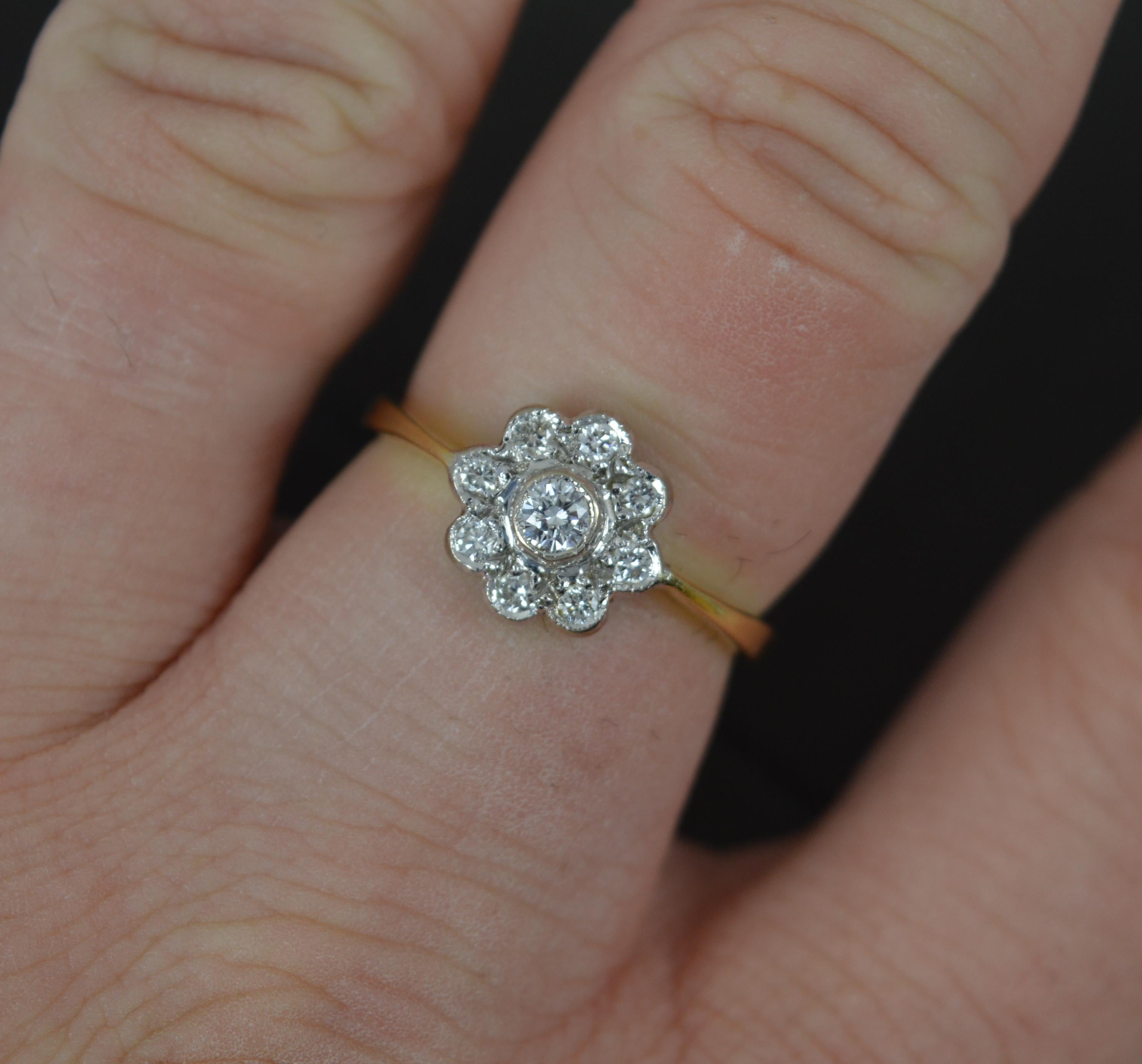 A superb 18ct gold and diamond ring.
18 carat yellow gold example.
Designed with nine natural round brilliant cut diamonds in full grain bezel settings. Clean, white and sparkly diamonds.
9.6mm x 9.6mm cluster head. Protruding 4.5mm off the