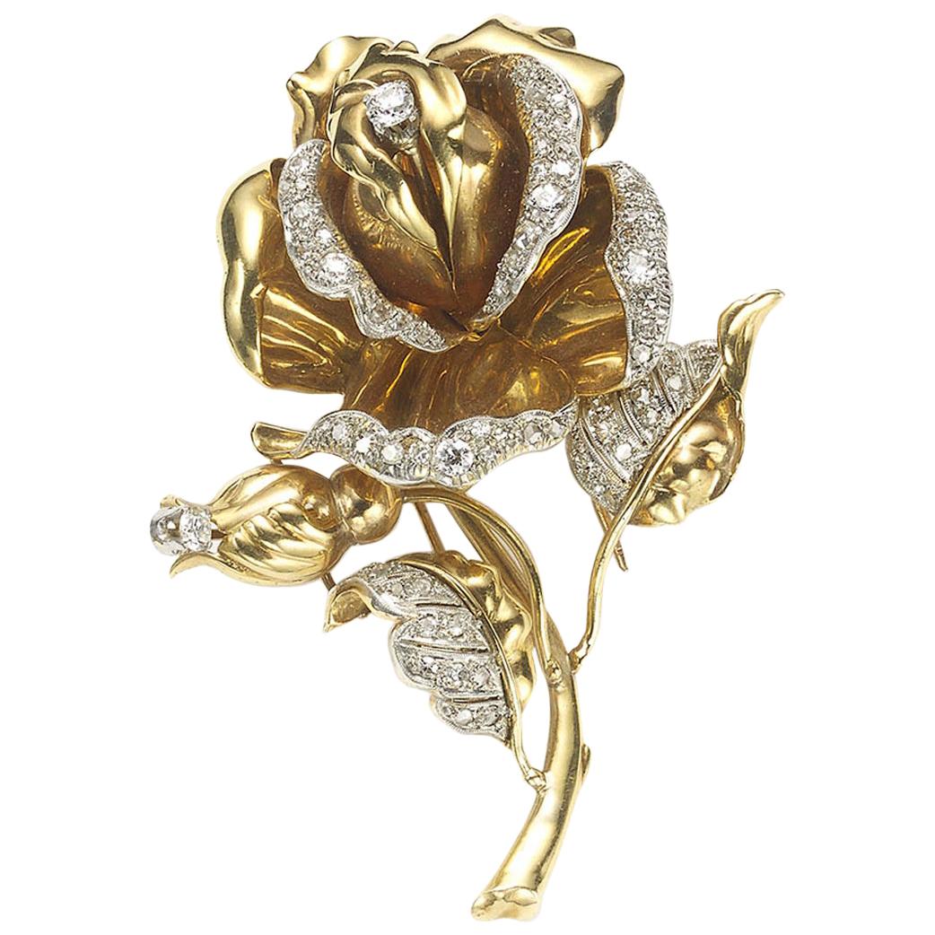 18 Carat Gold and Diamond Rose Brooch