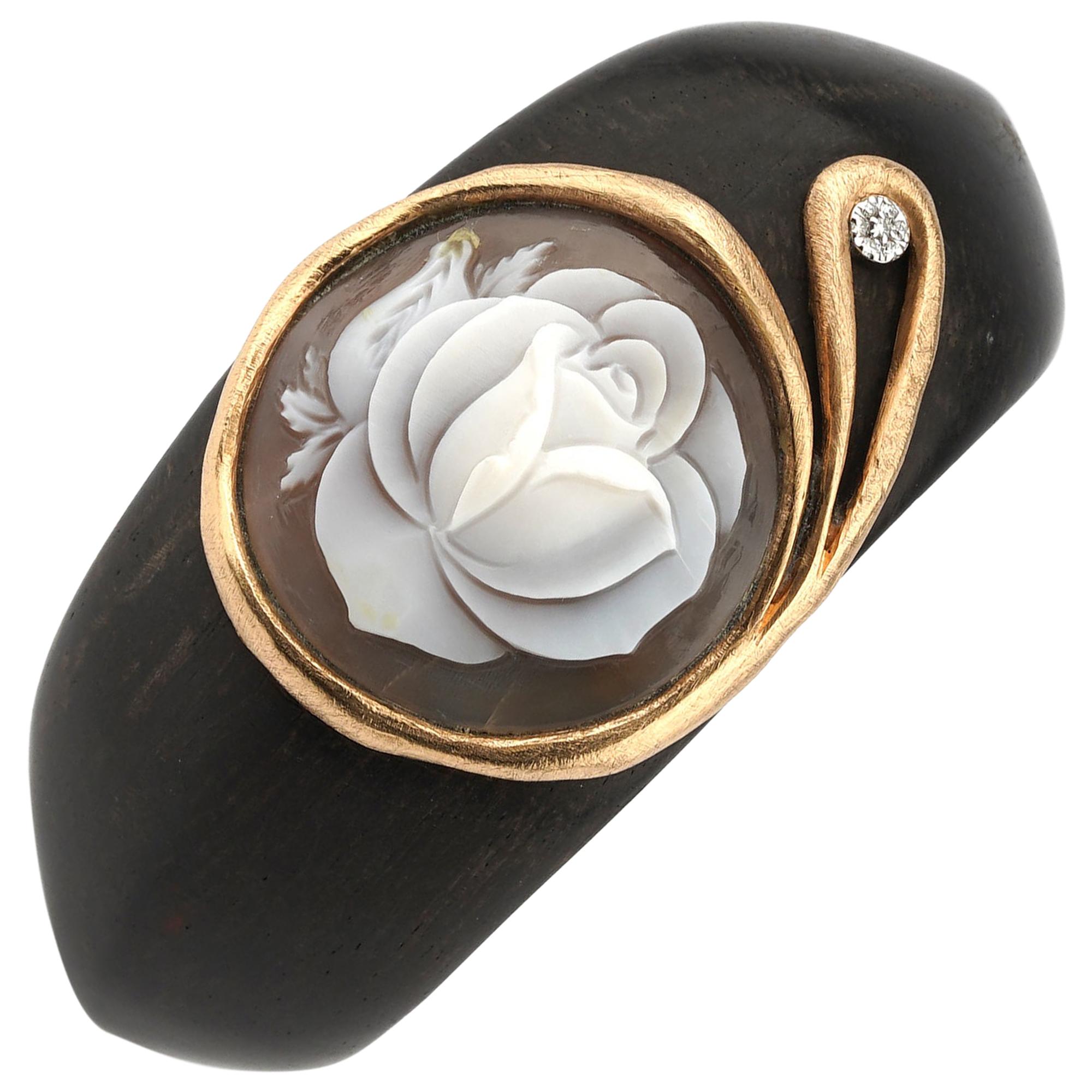 18 Carat Gold and Ebony Bracelet with Diamonds and Rose Carving Cameo For Sale
