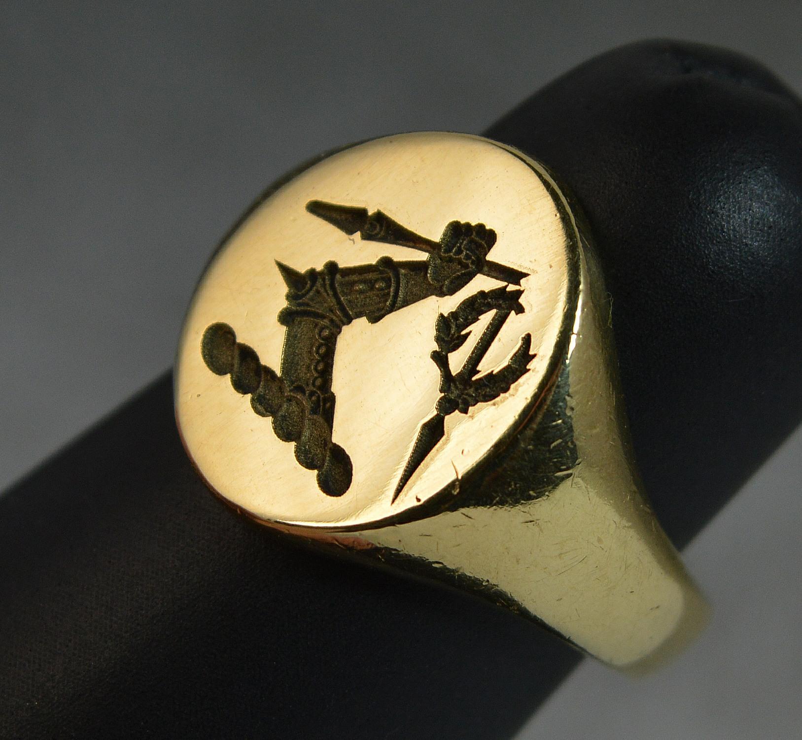 Women's or Men's 18 Carat Gold Armoured Arm Holding Spear Intaglio Seal Signet Ring
