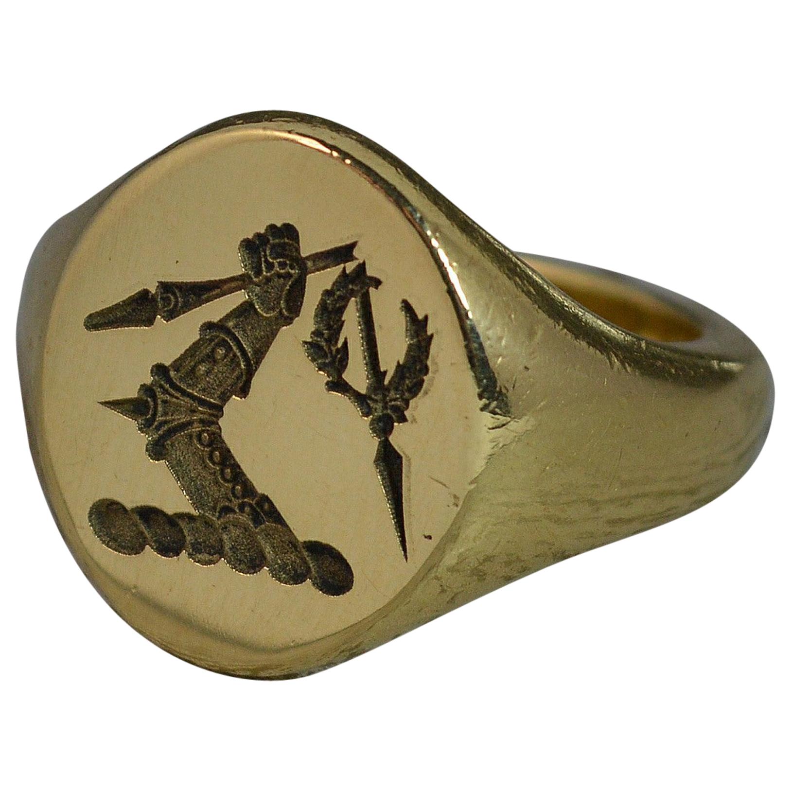 18 Carat Gold Armoured Arm Holding Spear Intaglio Seal Signet Ring