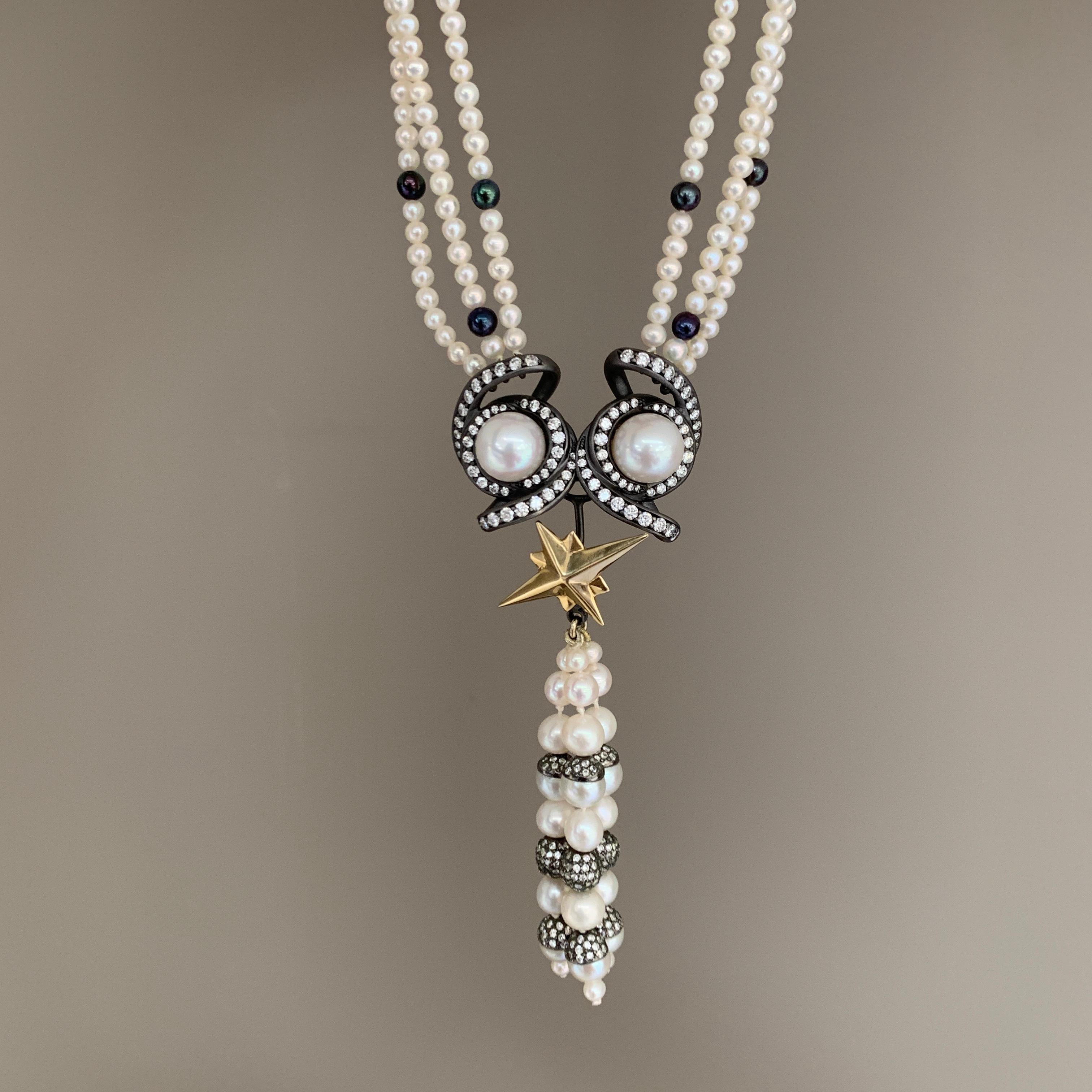 18 Carat Gold, Blackened Silver, Pearl and Diamond 'Voyager' Tassel Necklace For Sale 4