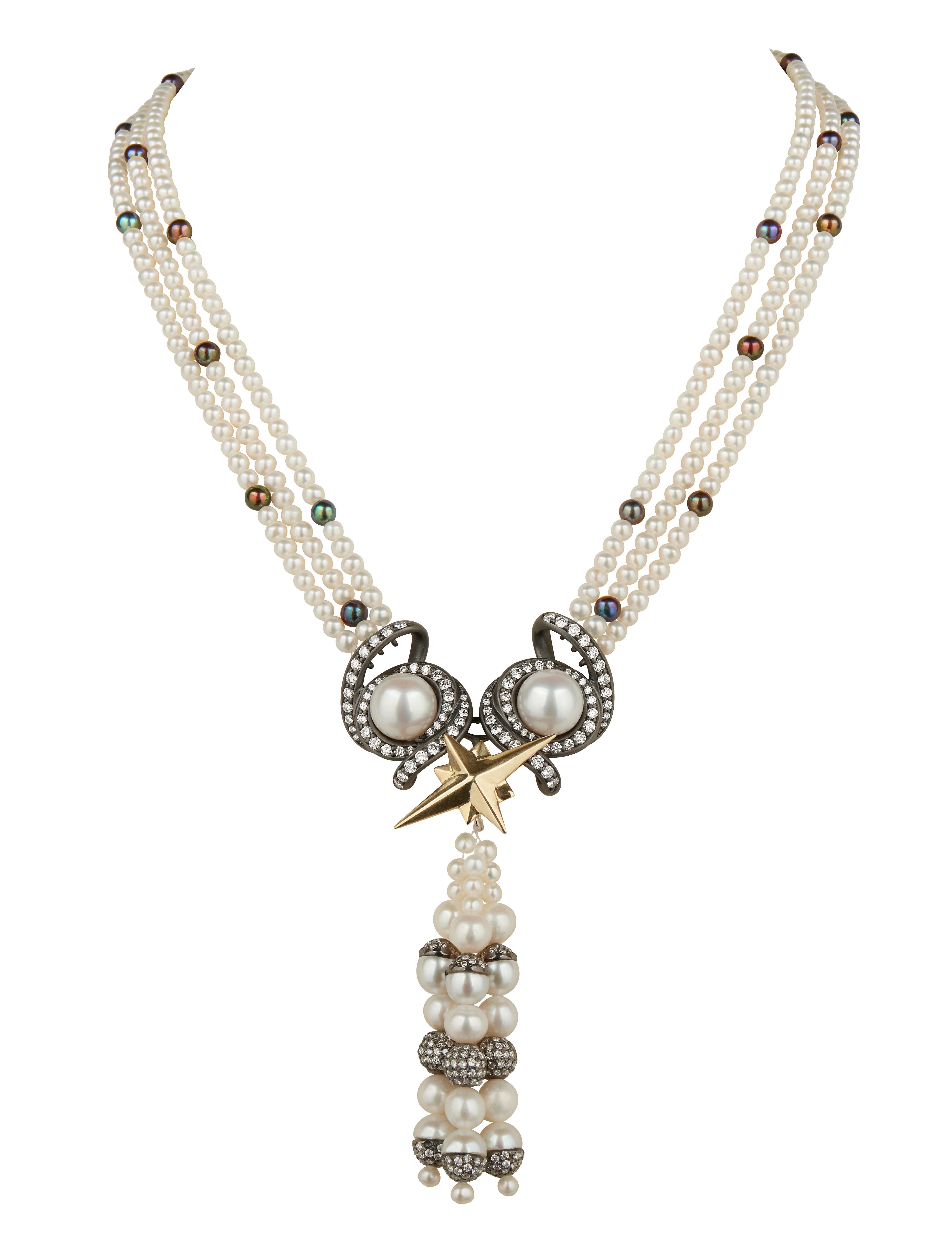 18 Carat Gold, Blackened Silver, Pearl and Diamond 'Voyager' Tassel Necklace For Sale 5