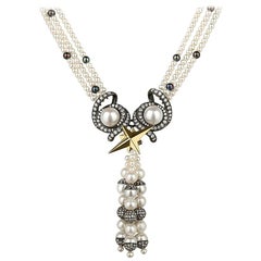 18 Carat Gold, Blackened Silver, Pearl and Diamond 'Voyager' Tassel Necklace