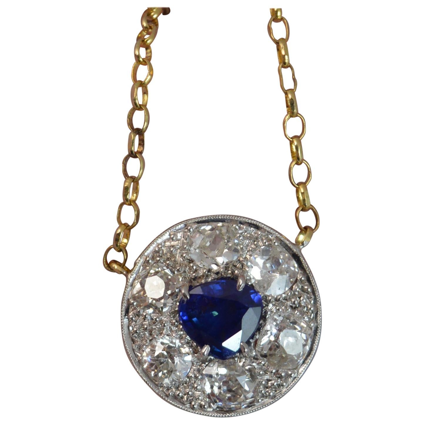 18 Carat Gold Blue Sapphire 1.7 Carat Old Cut Diamond Necklace Pendant
