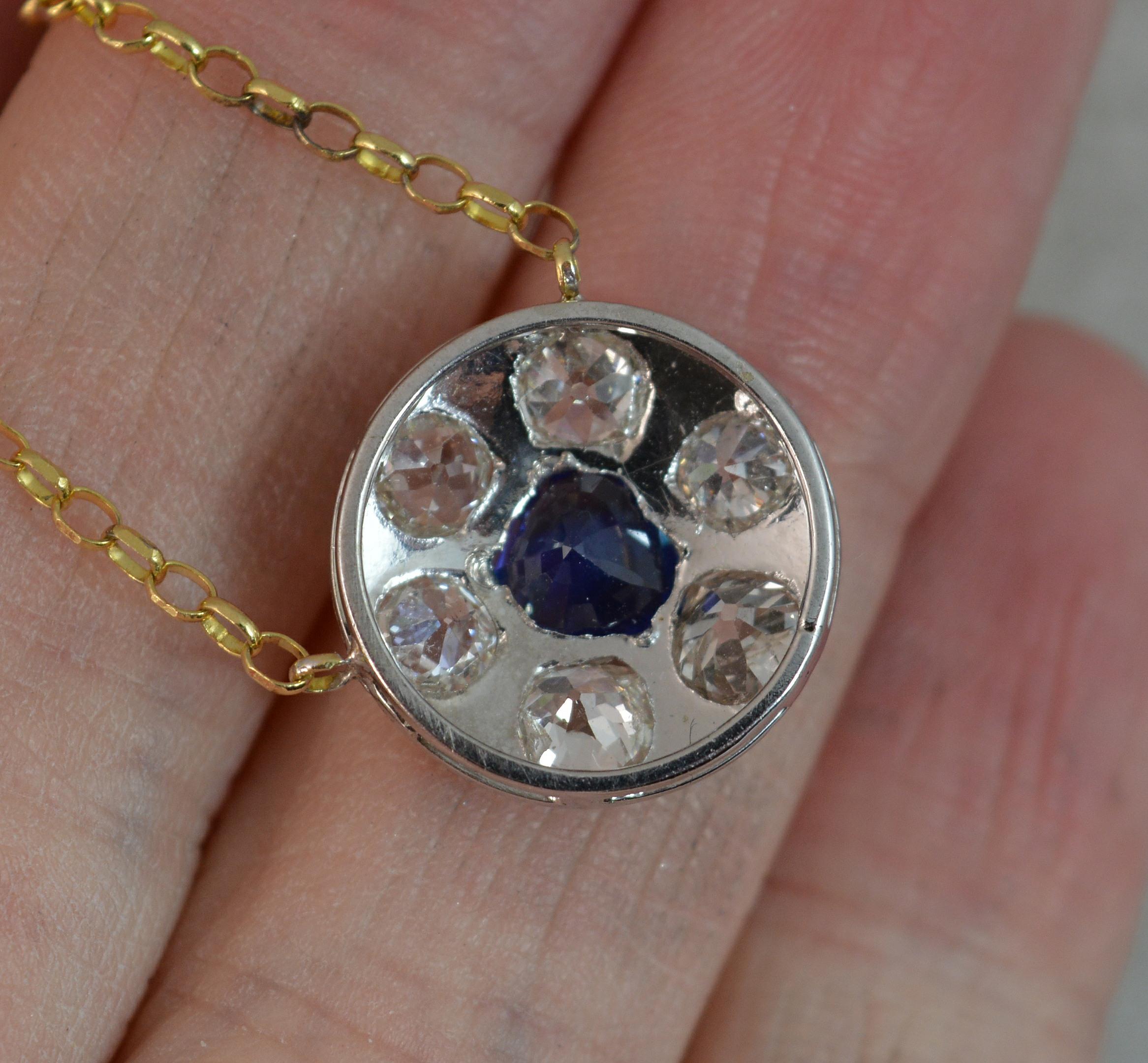 18 Carat Gold Blue Sapphire 1.7 Carat Old Cut Diamond Necklace Pendant 4