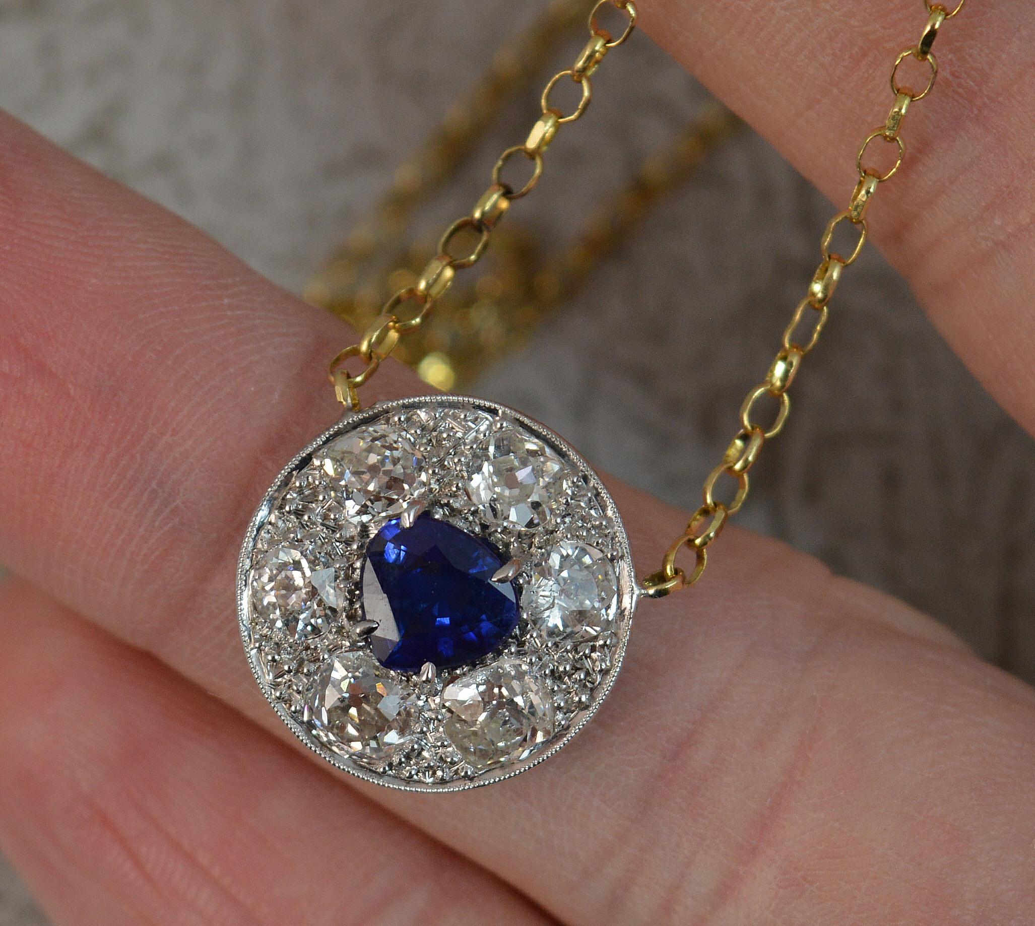 18 Carat Gold Blue Sapphire 1.7 Carat Old Cut Diamond Necklace Pendant 5