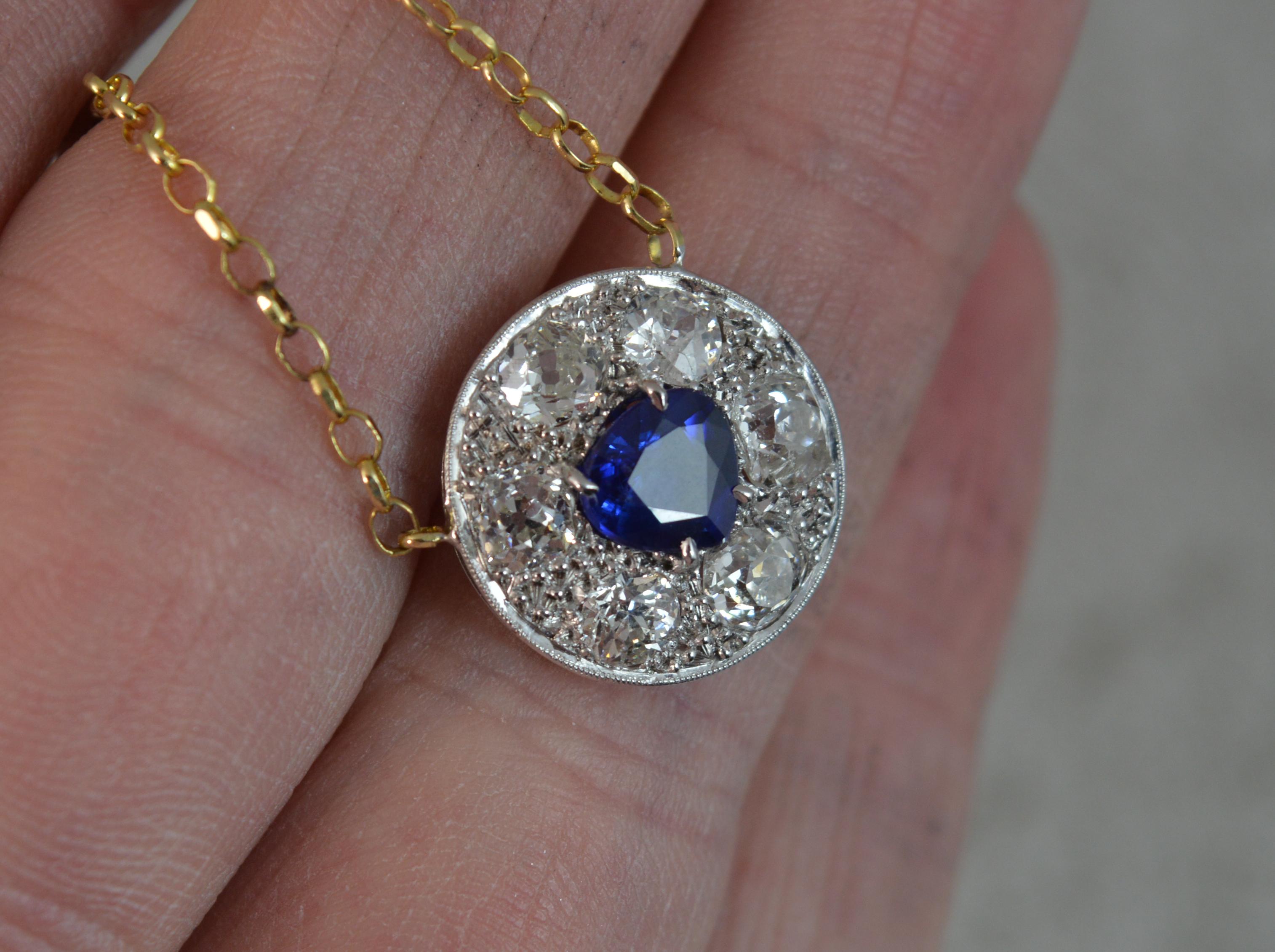Victorian 18 Carat Gold Blue Sapphire 1.7 Carat Old Cut Diamond Necklace Pendant
