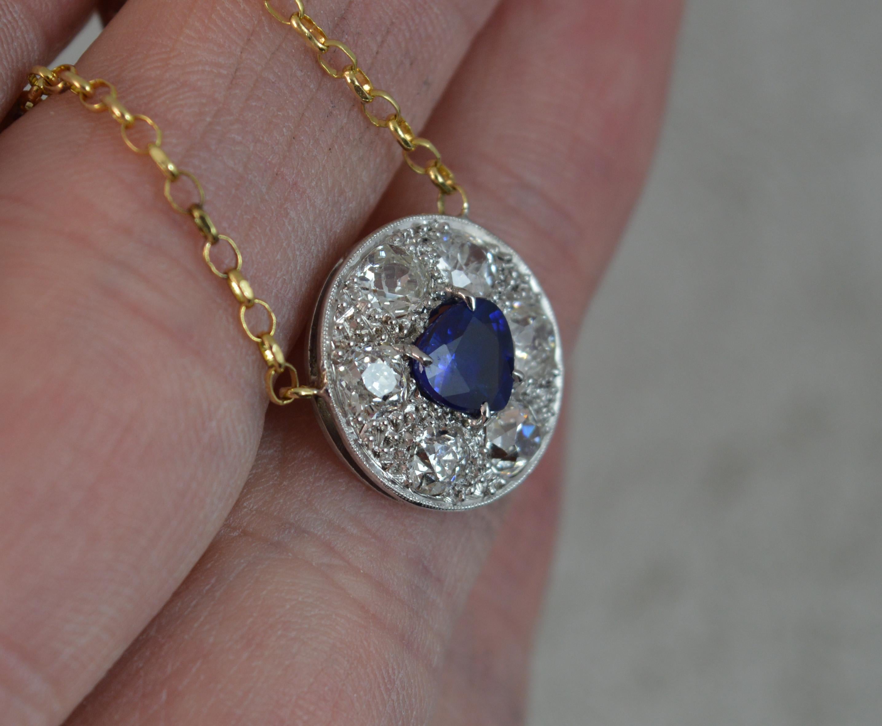 Old European Cut 18 Carat Gold Blue Sapphire 1.7 Carat Old Cut Diamond Necklace Pendant
