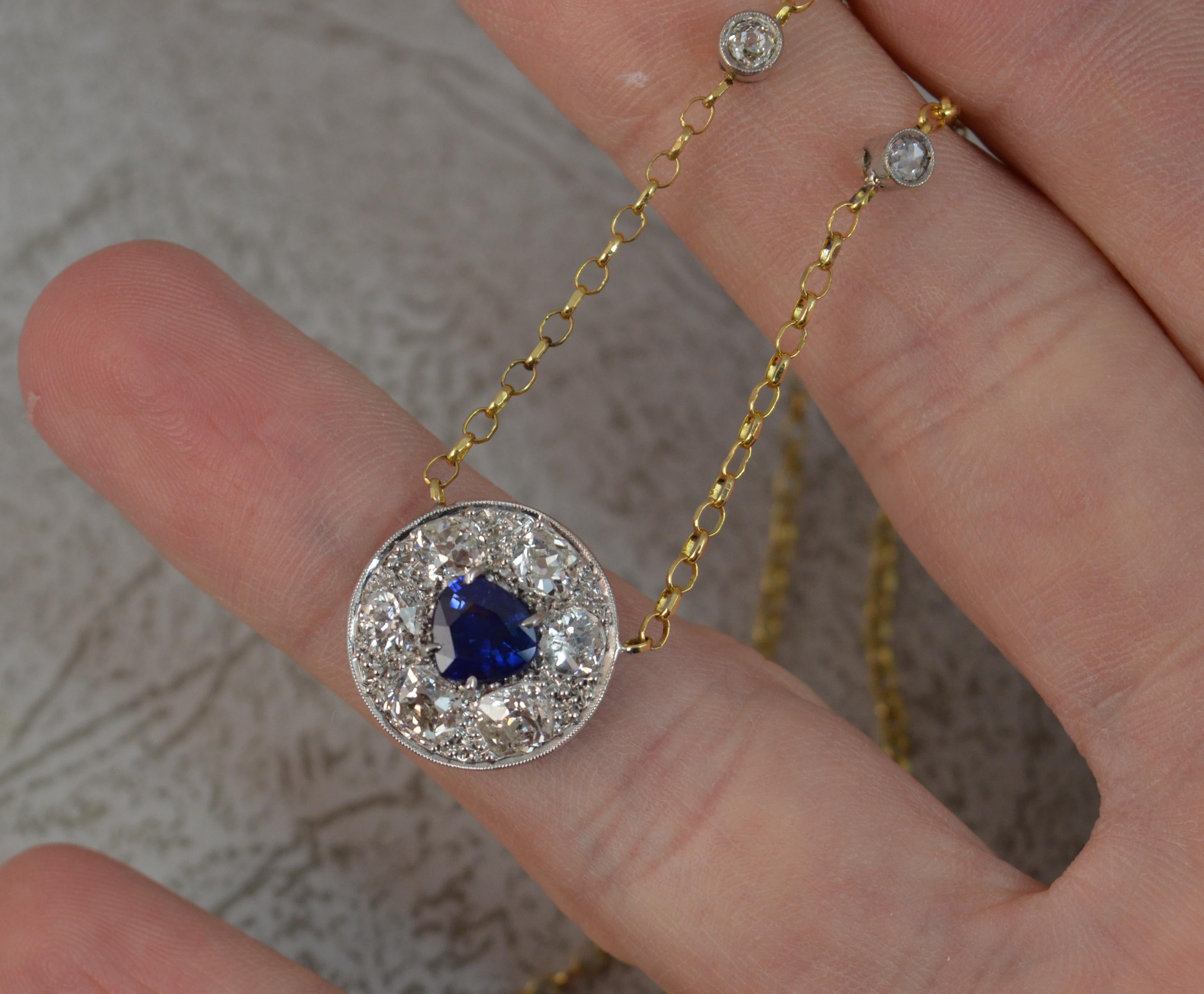 18 Carat Gold Blue Sapphire 1.7 Carat Old Cut Diamond Necklace Pendant In Excellent Condition In St Helens, GB
