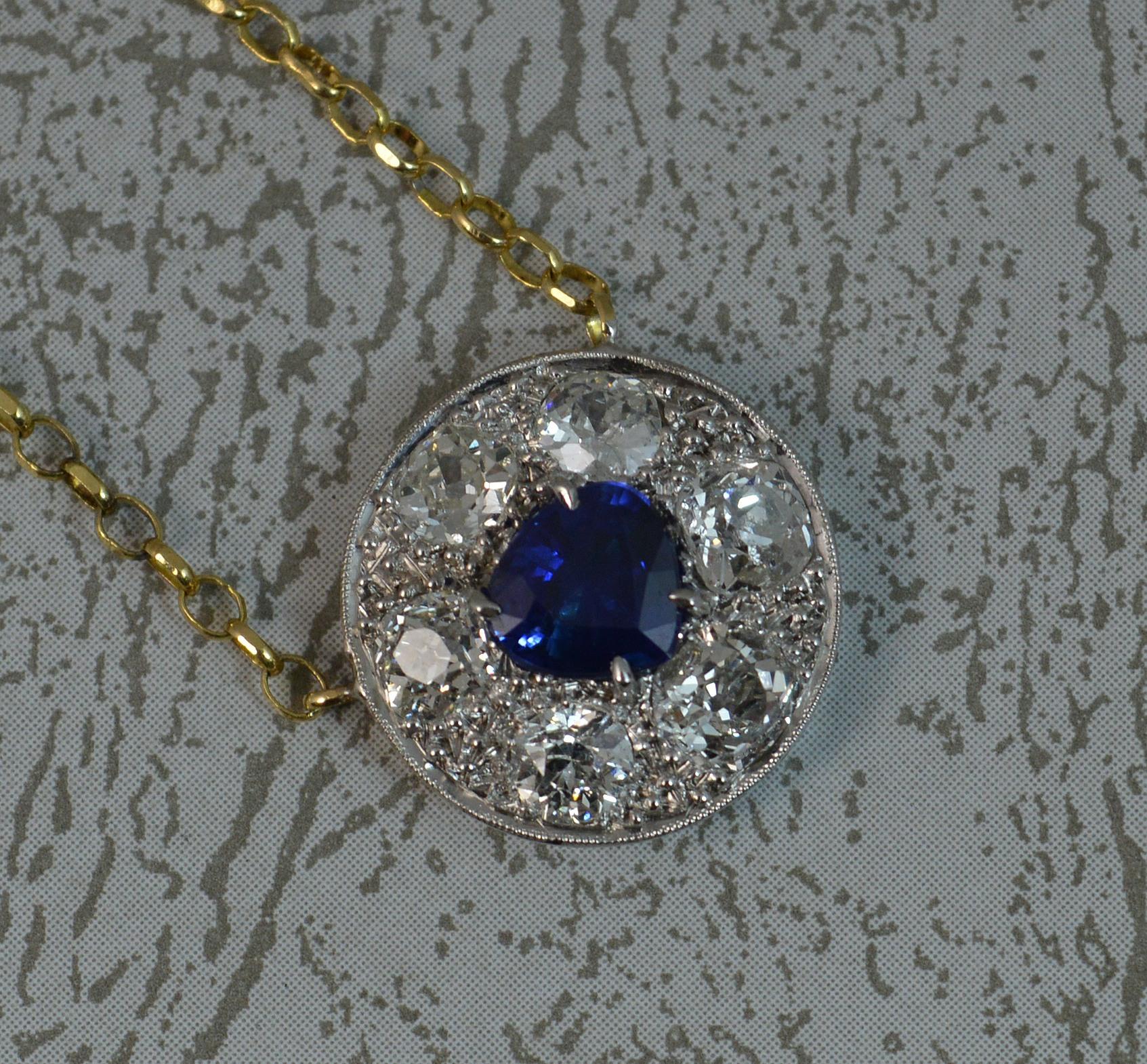 Women's 18 Carat Gold Blue Sapphire 1.7 Carat Old Cut Diamond Necklace Pendant