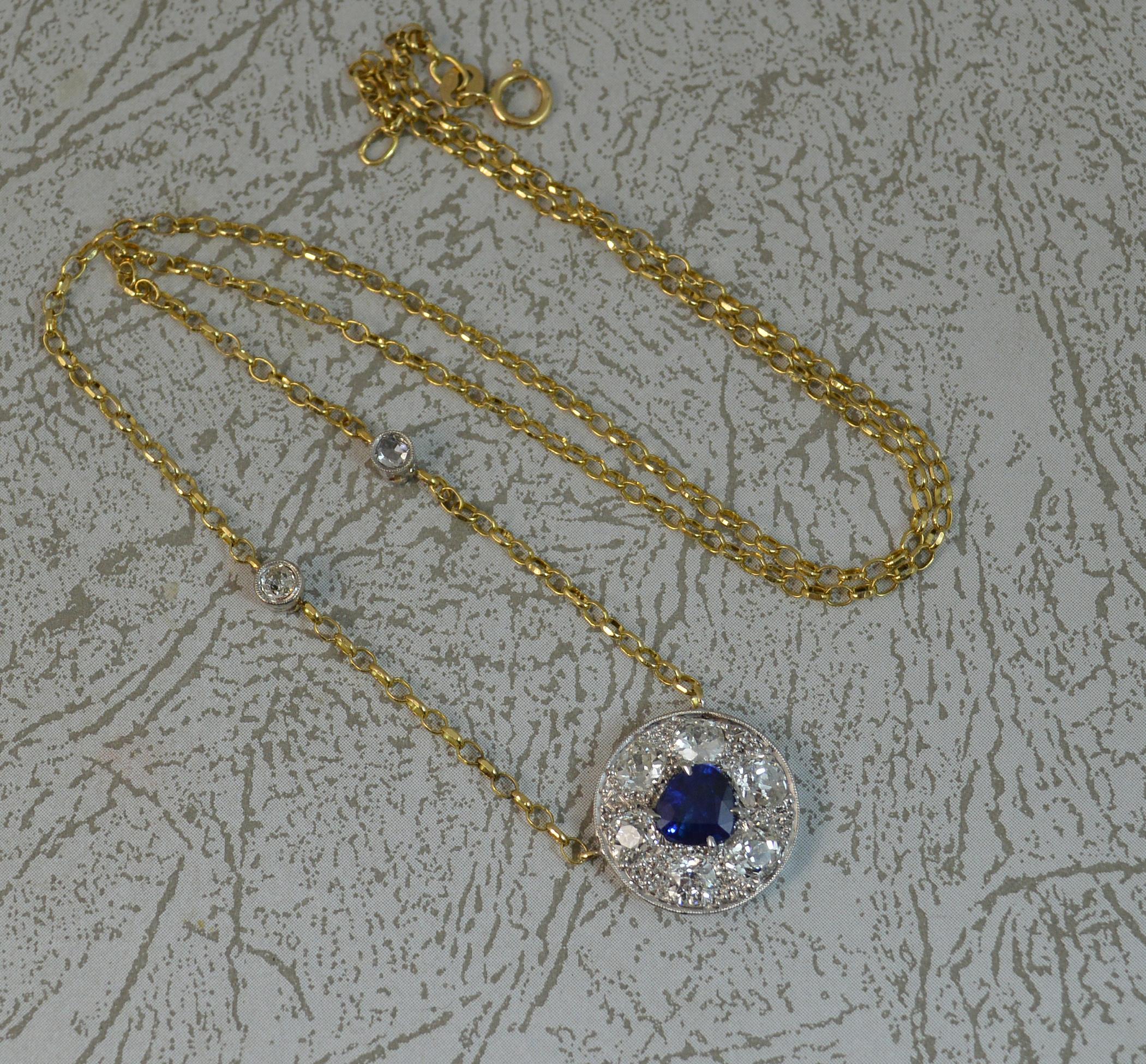 18 Carat Gold Blue Sapphire 1.7 Carat Old Cut Diamond Necklace Pendant 1
