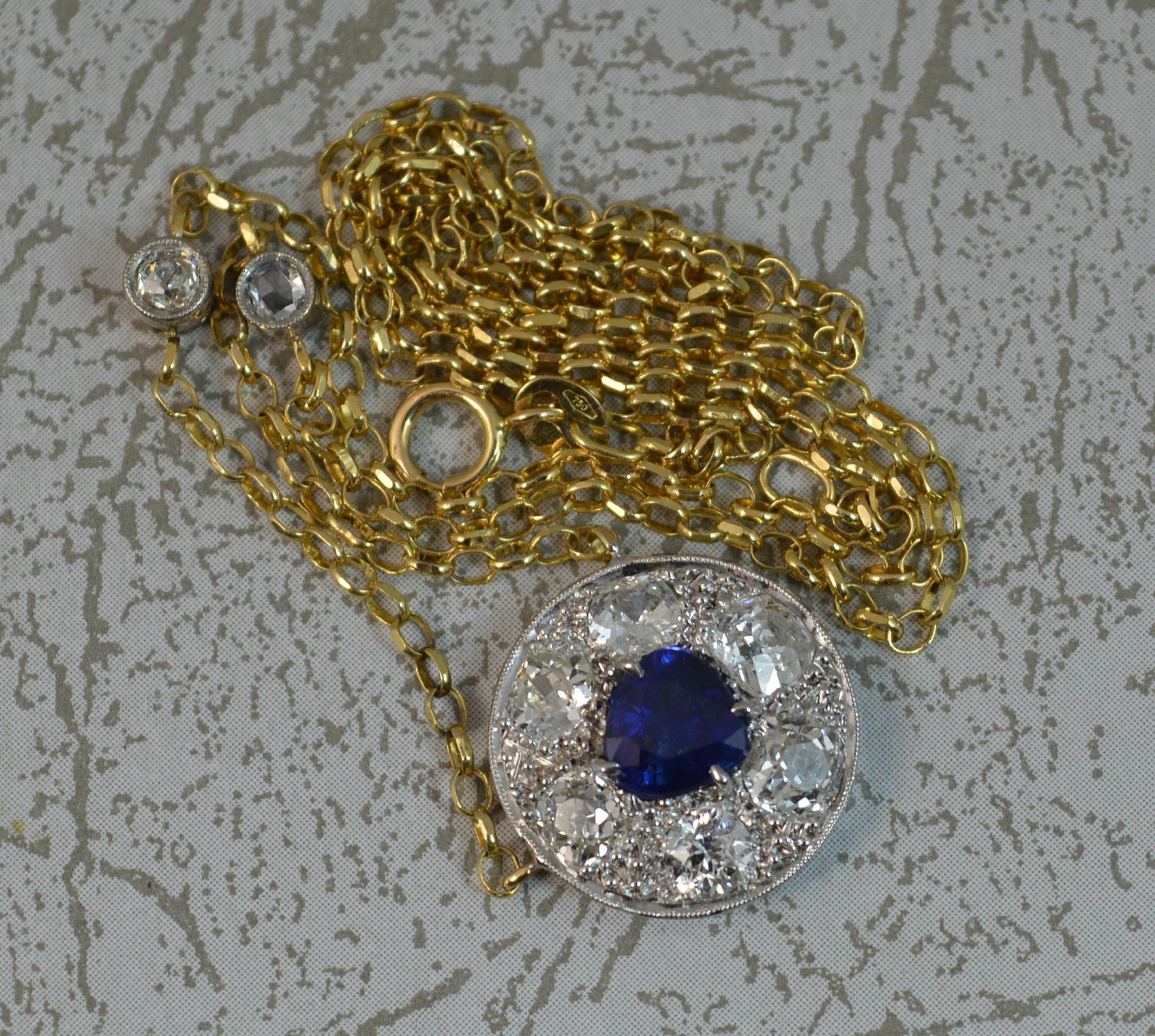 18 Carat Gold Blue Sapphire 1.7 Carat Old Cut Diamond Necklace Pendant 2