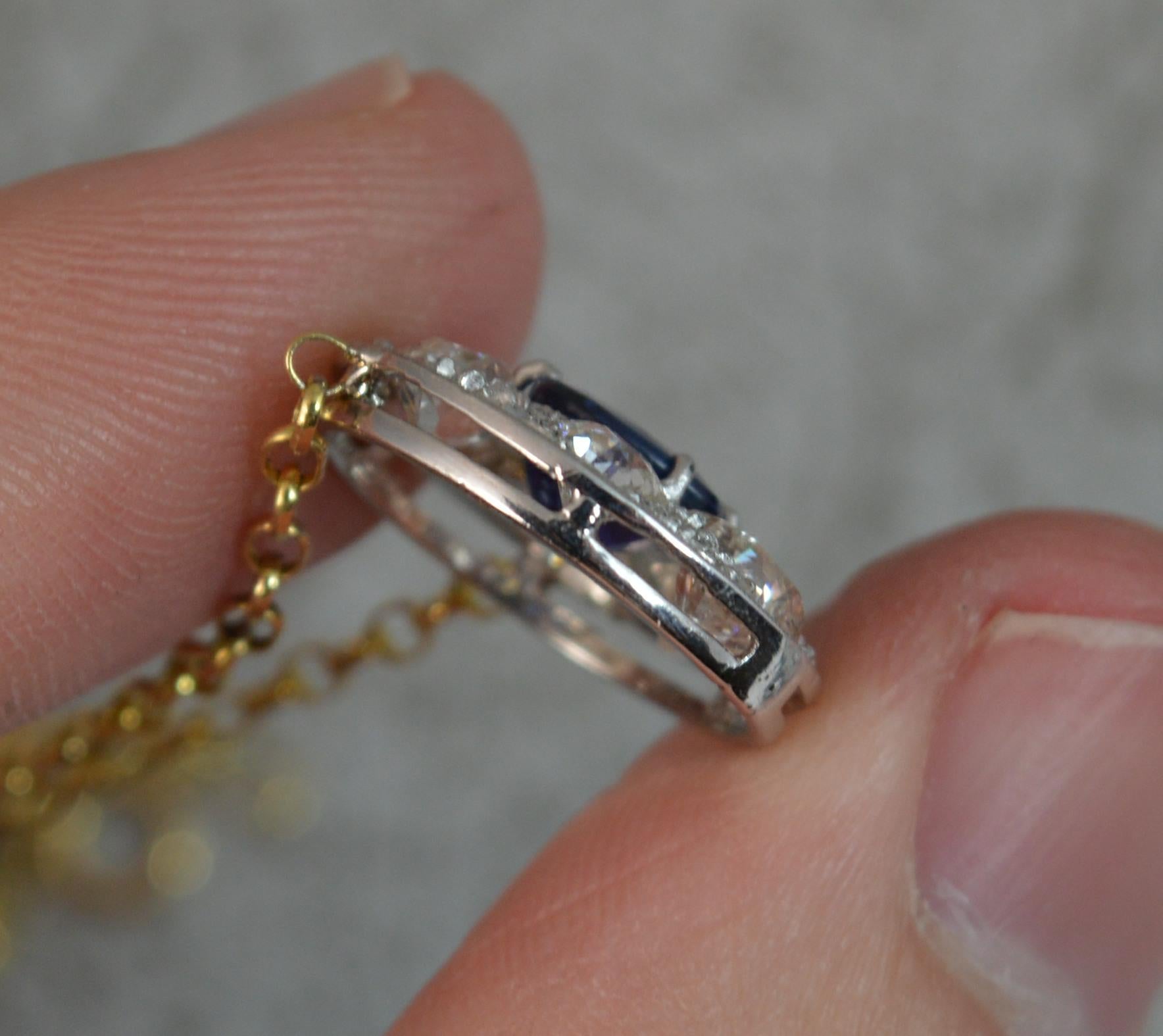 18 Carat Gold Blue Sapphire 1.7 Carat Old Cut Diamond Necklace Pendant 3