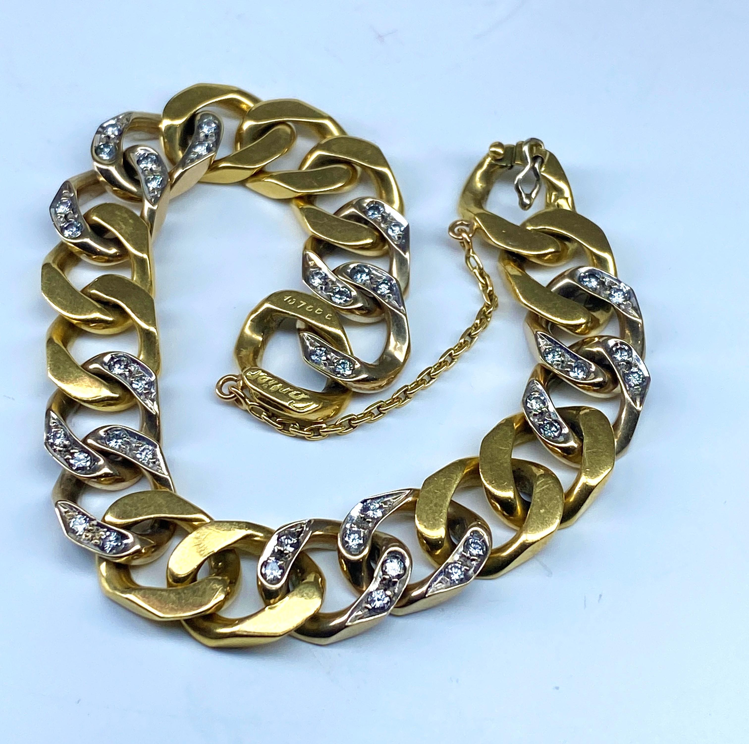 Women's or Men's 18 carat gold bracelet, gourmette links set with diamonds, signed CARTIER  For Sale