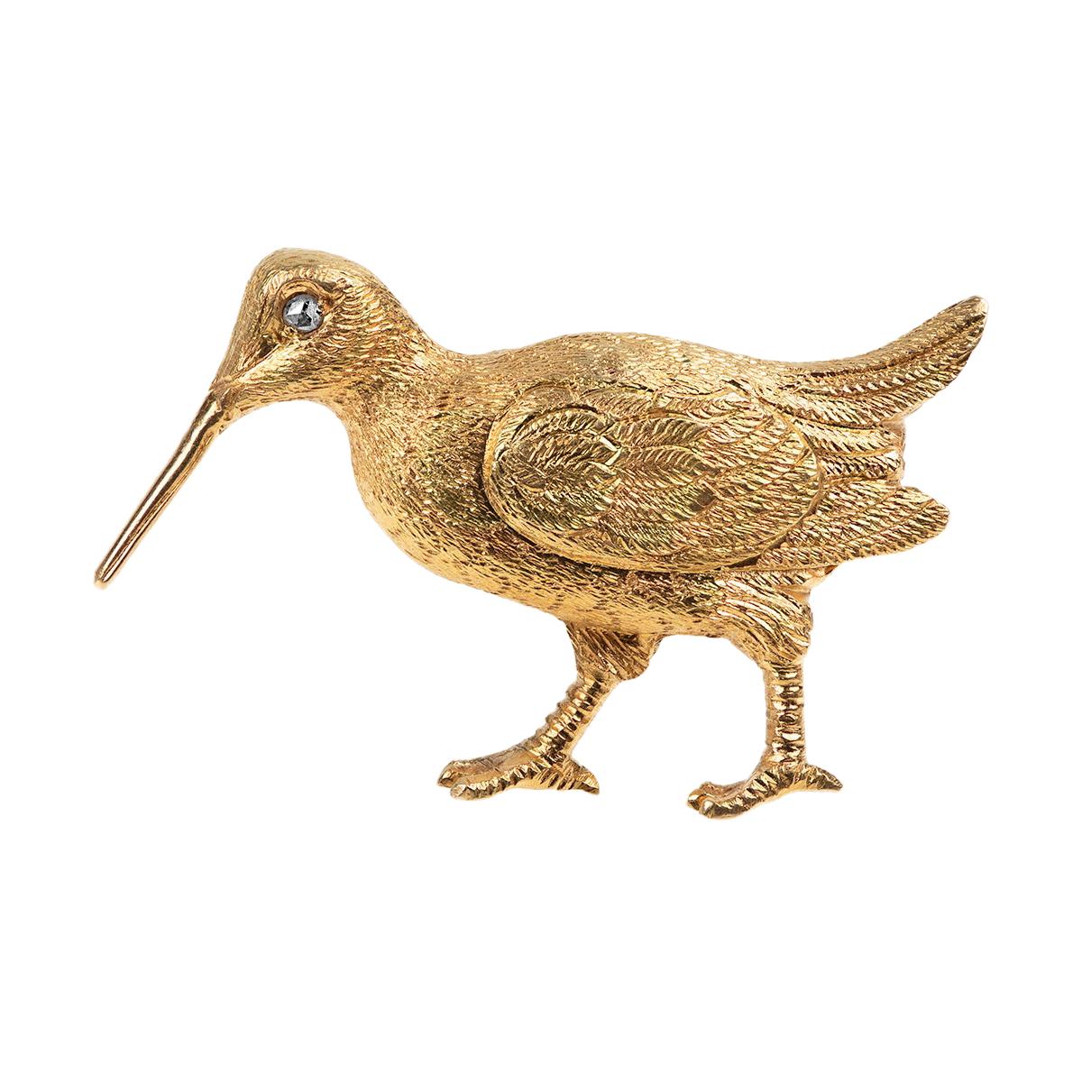 18 Carat Gold Brooch of a Snipe Game Bird with Diamond Eye, English, circa 1880 For Sale
