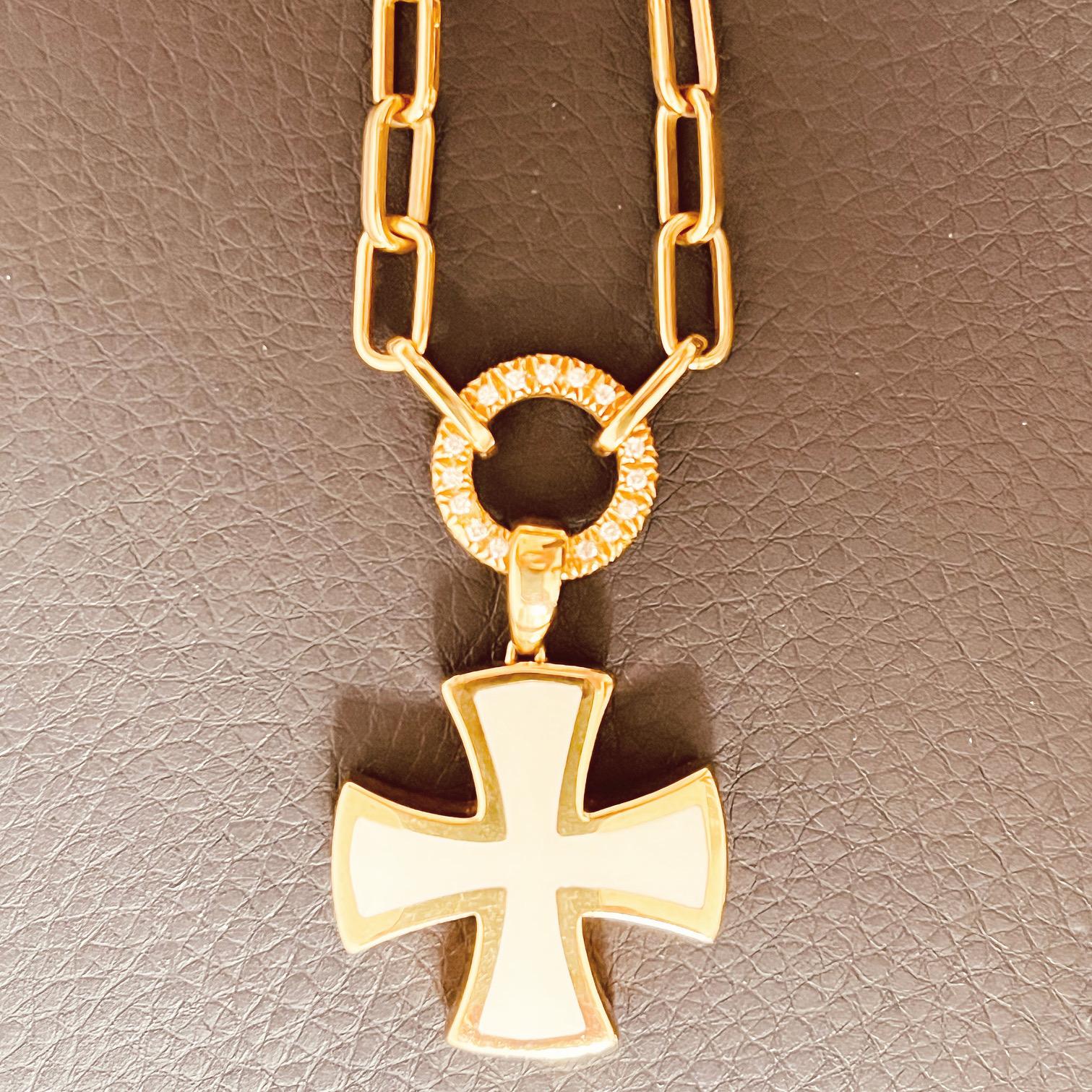 18 Carat Gold Chain Connected To A Diamond Suspended Ring & Enamel Cross Pendant For Sale 5