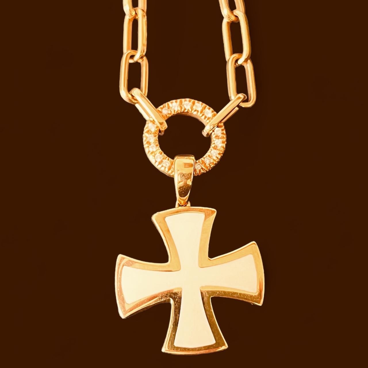 18 Carat Gold Chain Connected To A Diamond Suspended Ring & Enamel Cross Pendant For Sale 6