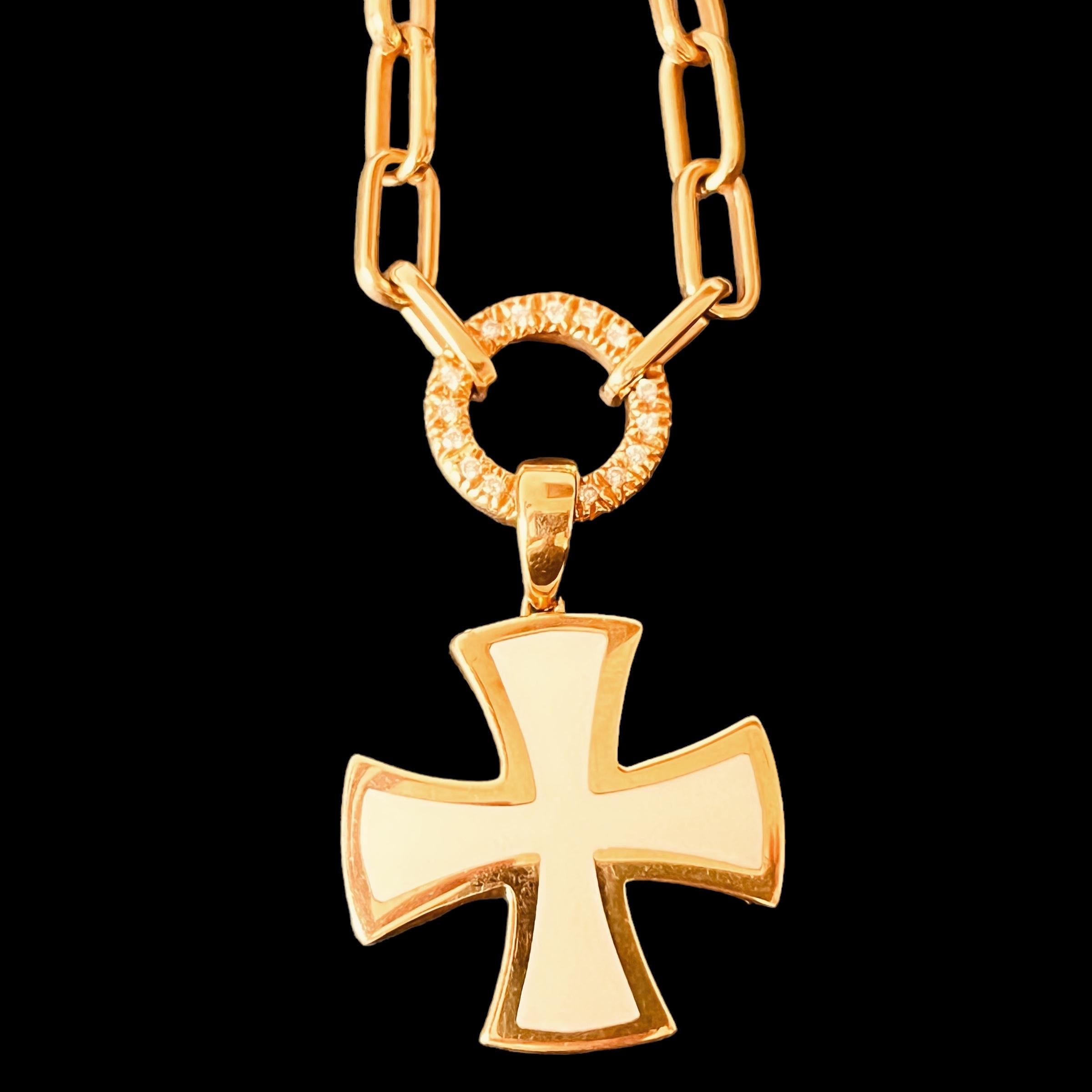 18 Carat Gold Chain Connected To A Diamond Suspended Ring & Enamel Cross Pendant For Sale 7