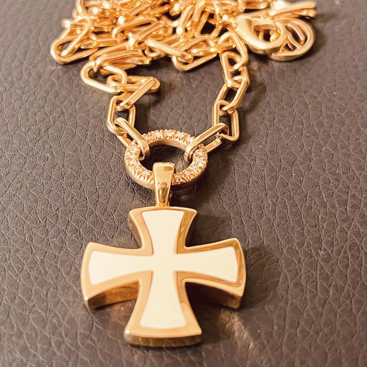 18 Carat Gold Chain Connected To A Diamond Suspended Ring & Enamel Cross Pendant For Sale 8