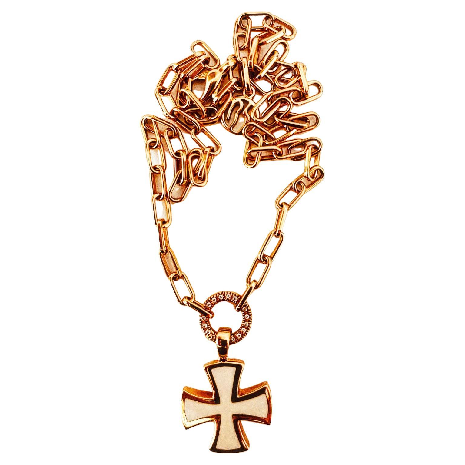 Brilliant Cut 18 Carat Gold Chain Connected To A Diamond Suspended Ring & Enamel Cross Pendant For Sale