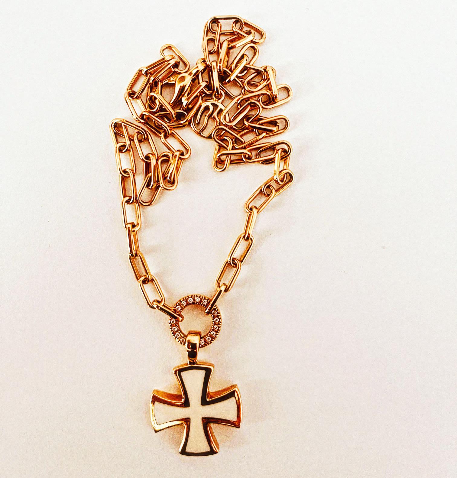 Women's 18 Carat Gold Chain Connected To A Diamond Suspended Ring & Enamel Cross Pendant For Sale