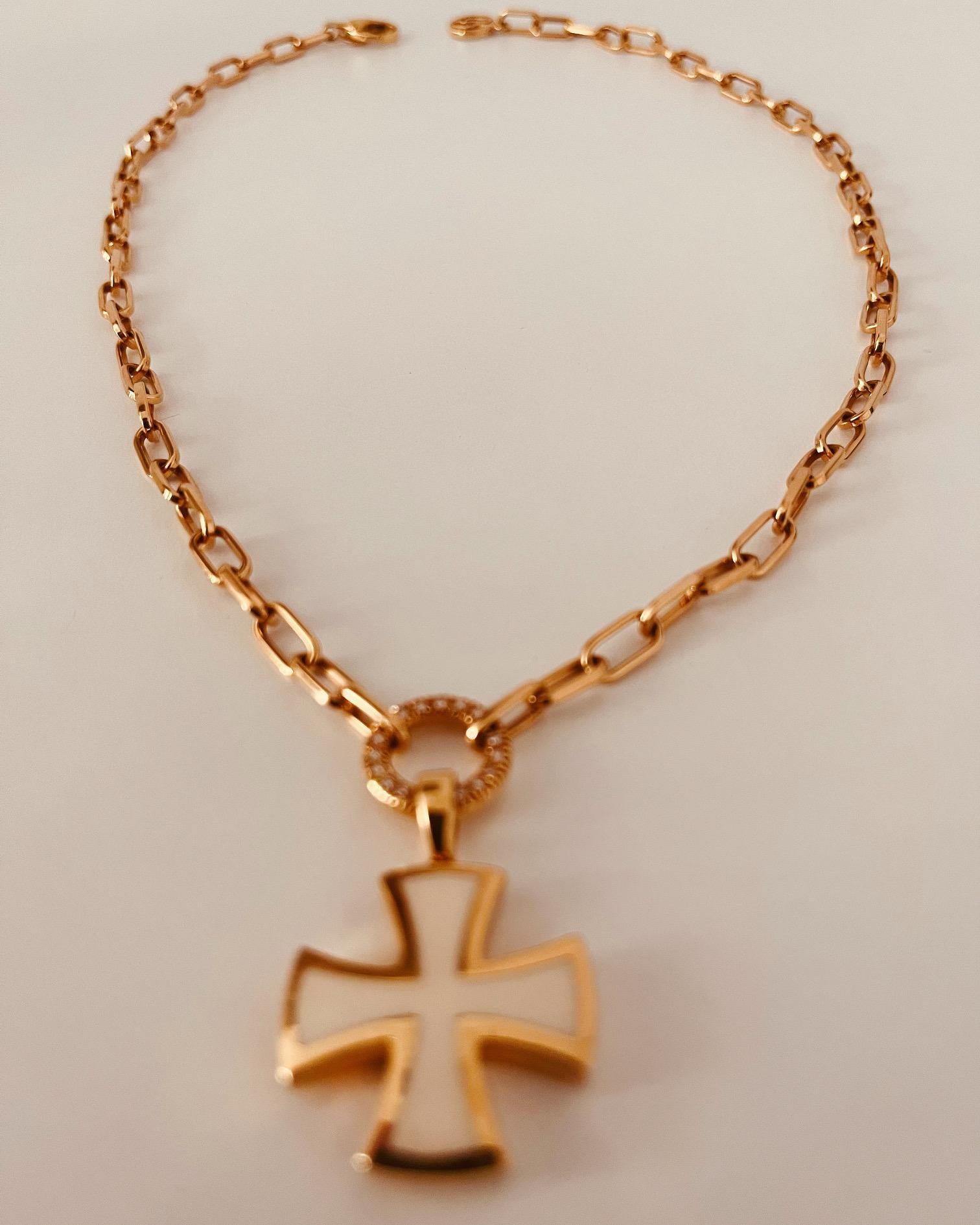 18 Carat Gold Chain Connected To A Diamond Suspended Ring & Enamel Cross Pendant For Sale 1