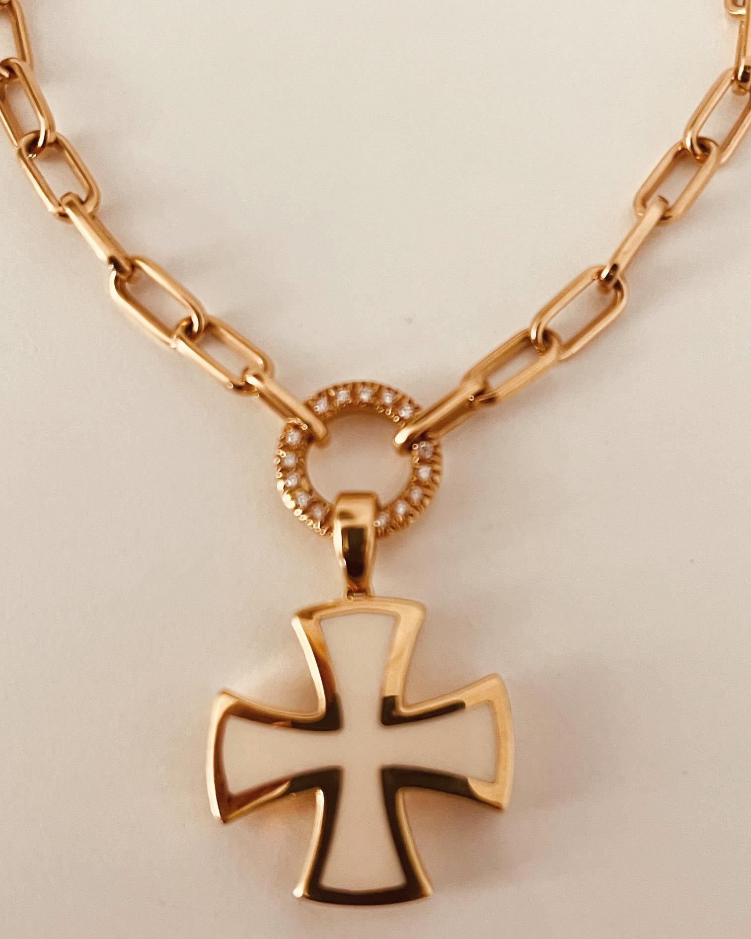 18 Carat Gold Chain Connected To A Diamond Suspended Ring & Enamel Cross Pendant For Sale 2
