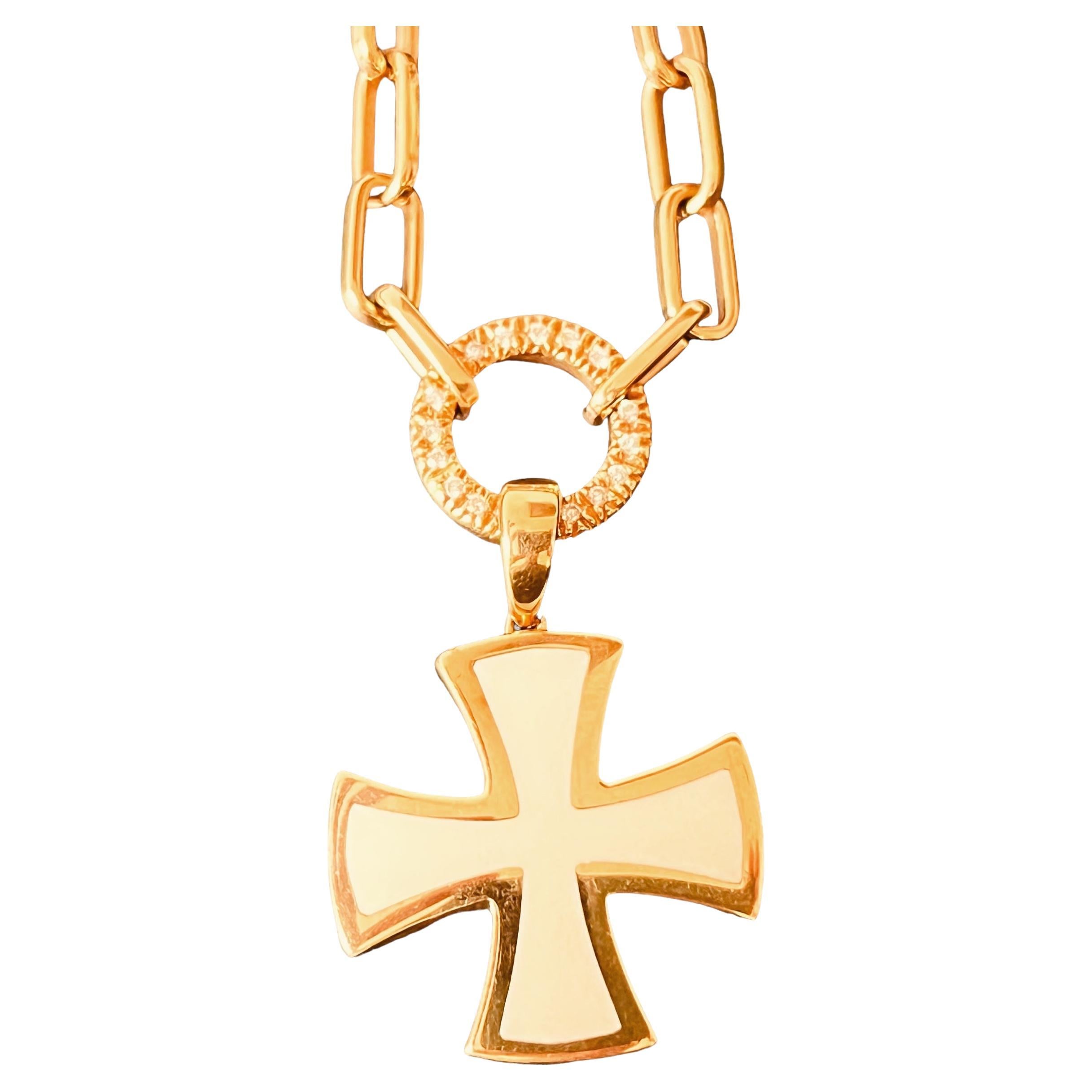 18 Carat Gold Chain Connected To A Diamond Suspended Ring & Enamel Cross Pendant For Sale